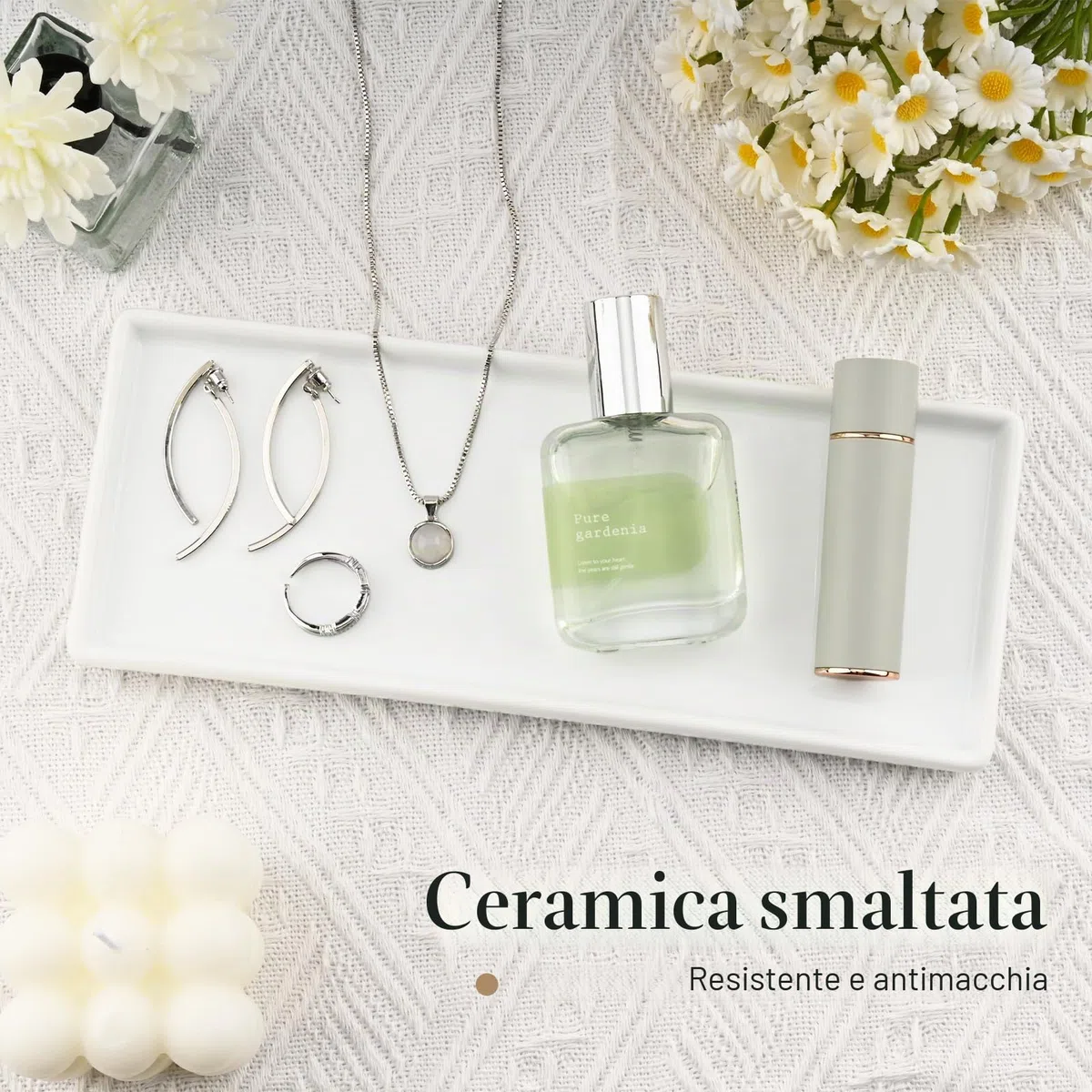 Vassoio Bagno Portaoggetti in Ceramica, Organizer per Vassoio Bianco Rettangolare, Decorativo Svuotatasche Moderno per Profumi, Sapone, Candele, Cucina (L)