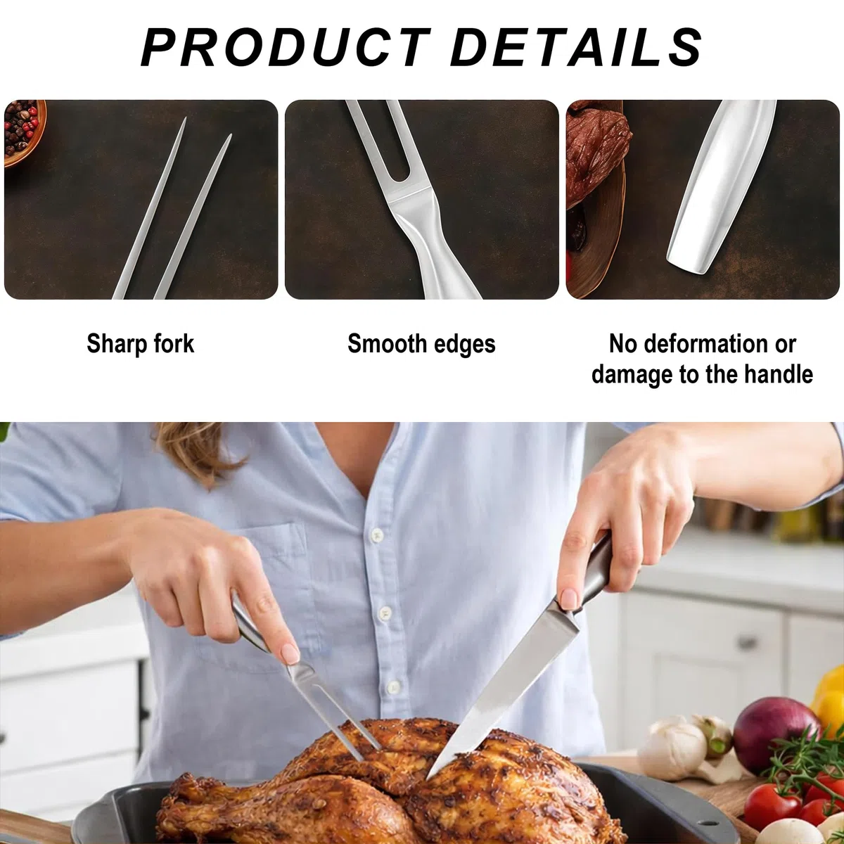 Set Forchetta da Arrosto in Acciaio Inox con Pinza da Grill & Pennello in Silicone, Utensile da Cucina 3-in-1 Versatile per Grigliate, Arrosti & Servizio
