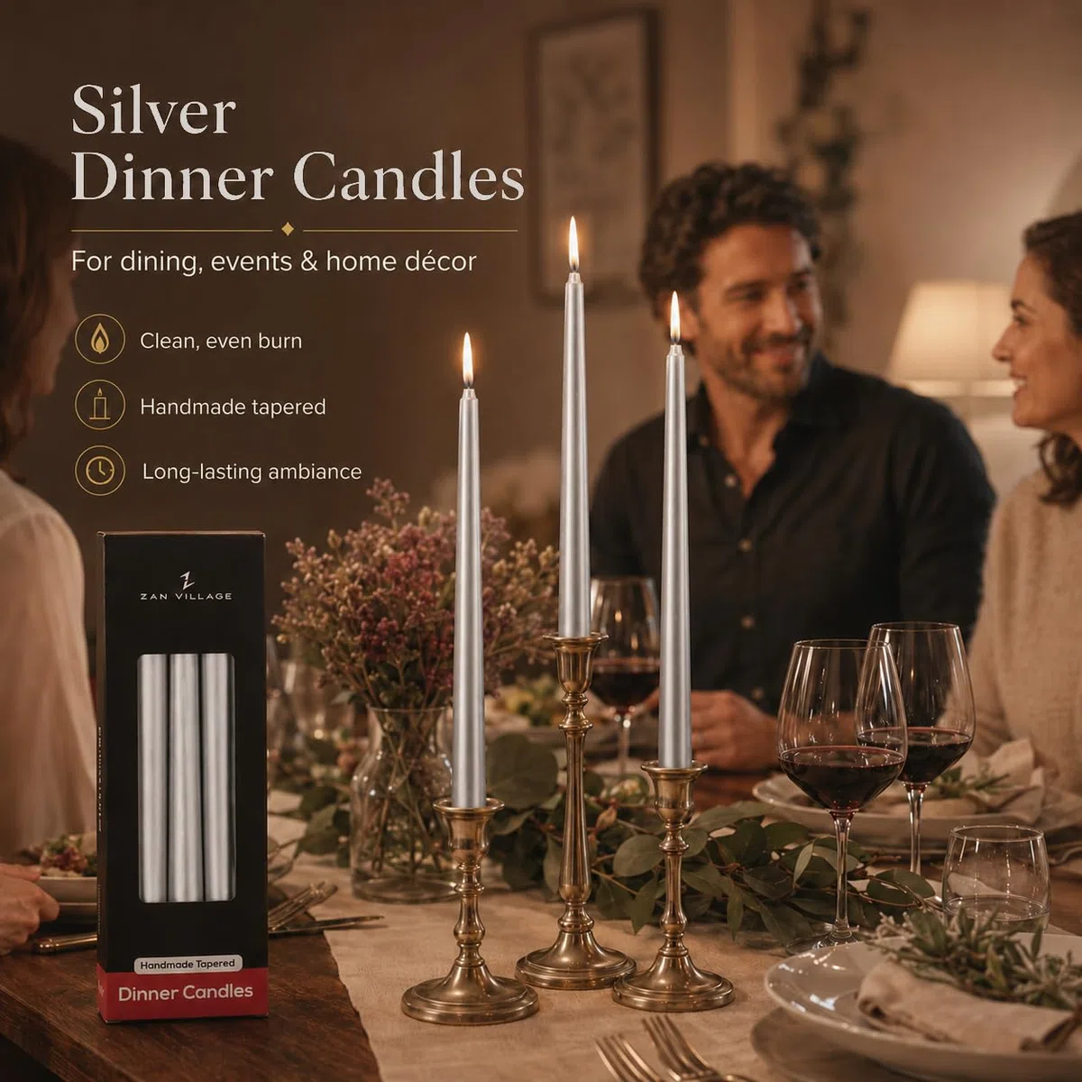 Zan Village Candle Company,Candele coniche per cena, confezione da 10, durata di 7 ore, durata di combustione, stile classico lungo veneziano, senza profumo, prodotte nel Regno Unito, colore: Argento