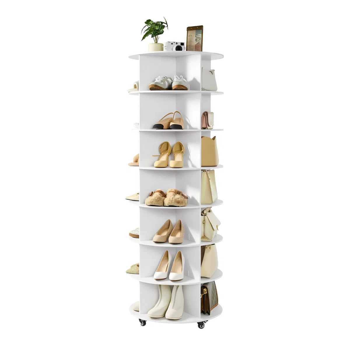 VEVOR Carosello Portascarpe Supporto Girevole a 360° 598 x 598 x 1670 mm per 28 Paia di Scarpe 7 Ripiani, Portascarpe con Ruote, Ripiano per Scarpe per Camera da Letto, Soggiorno, Ingresso, Bianco