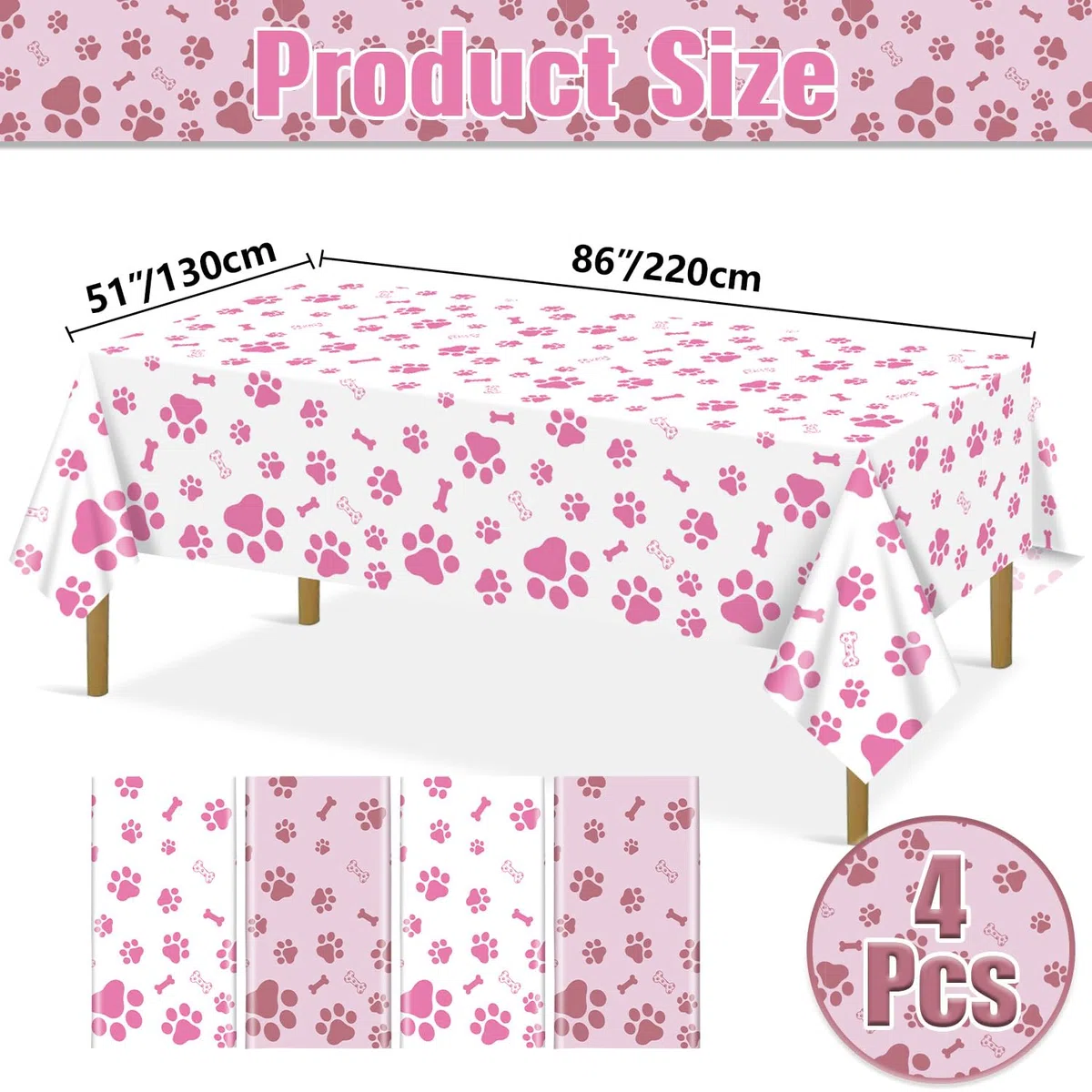 Tovaglia con stampa di zampe di cane rosa, 4 pezzi, rosa e bianco, per feste di compleanno a tema cane, 130 x 220 cm