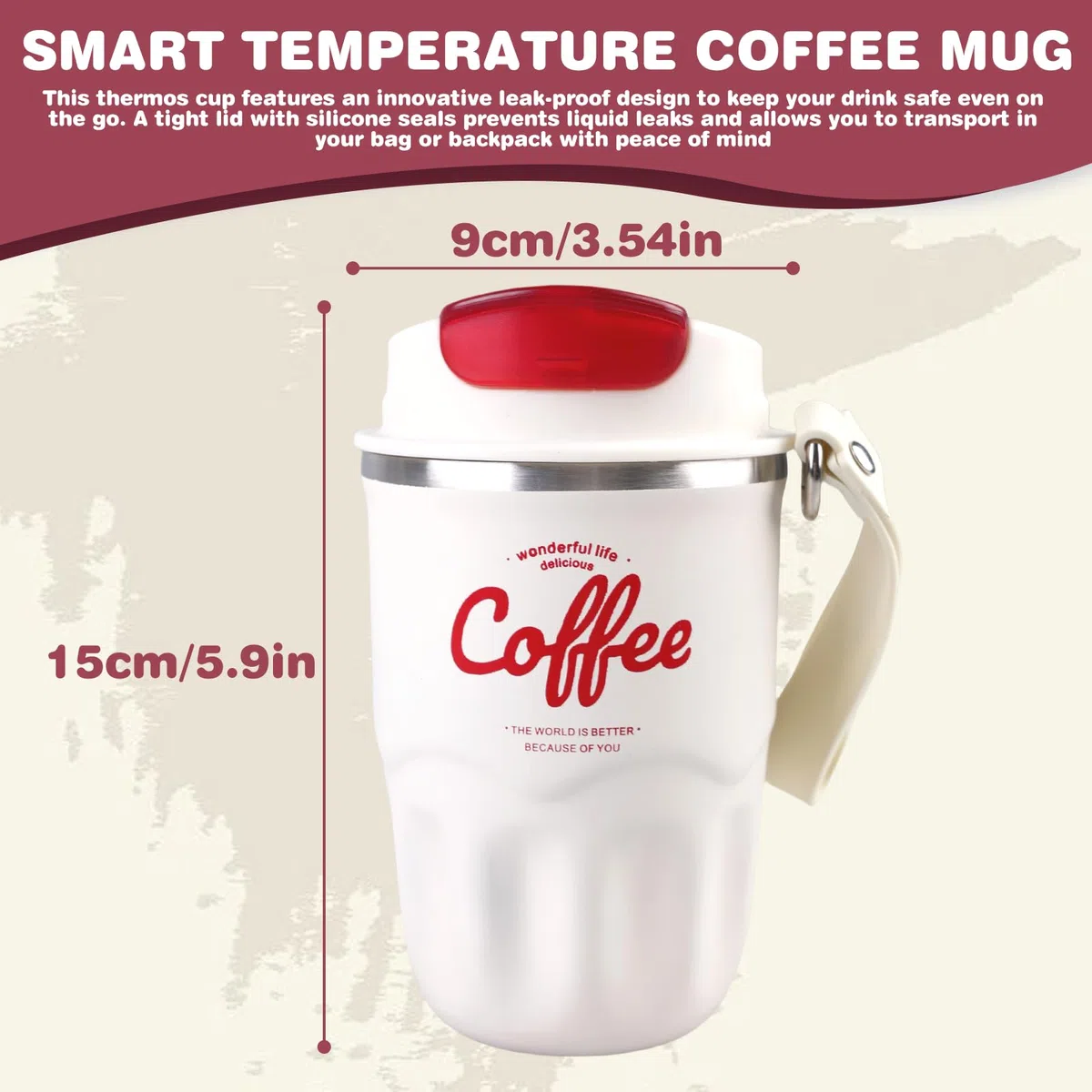 Tazza termica da 360 ml, in acciaio inox, a prova di perdite, con coperchio, in acciaio inox 316, indicatore intelligente della temperatura, per auto, casa, viaggi