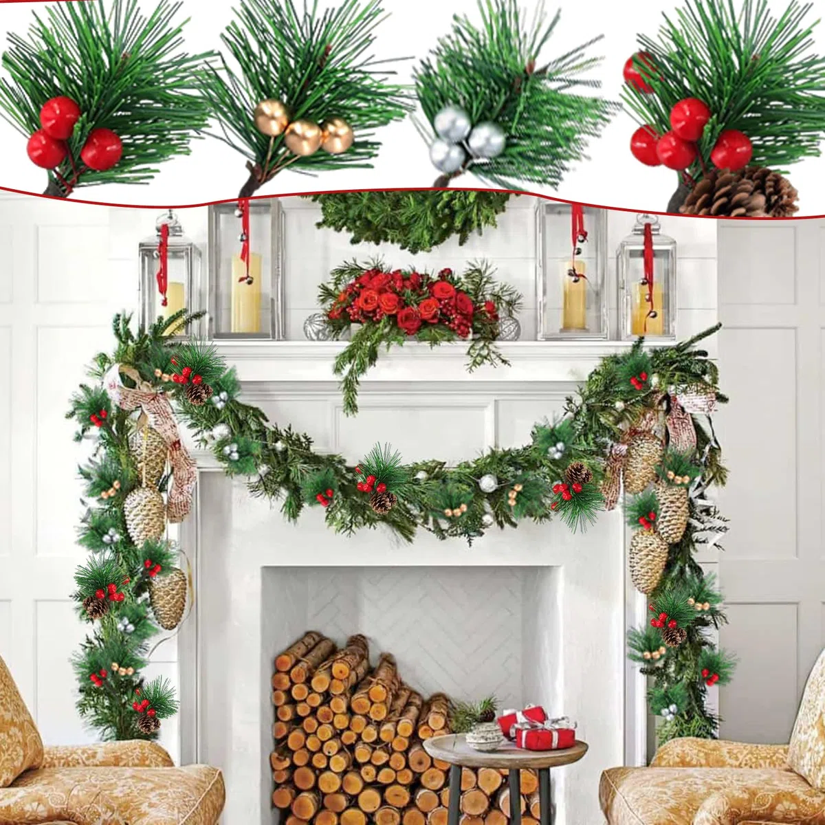 20 Pezzi Rami di Pino Artificiali Naturali con Bacche Rosse e Pigne,Piccoli Rami Natalizi Decorativi,Per Ghirlande Natalizie fai da te,Matrimoni Invernali(4 Stili)