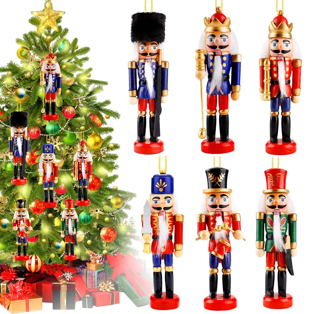 Frasheng 6 Pezzi Schiaccianoci di Natale,Schiaccianoci Natalizi Soldatino Tradizionale in Legno Fatto a Mano,Soldato Schiaccianoci Natalizio in Legno,Soldatini Decorazioni Ideali per Albero di Natale