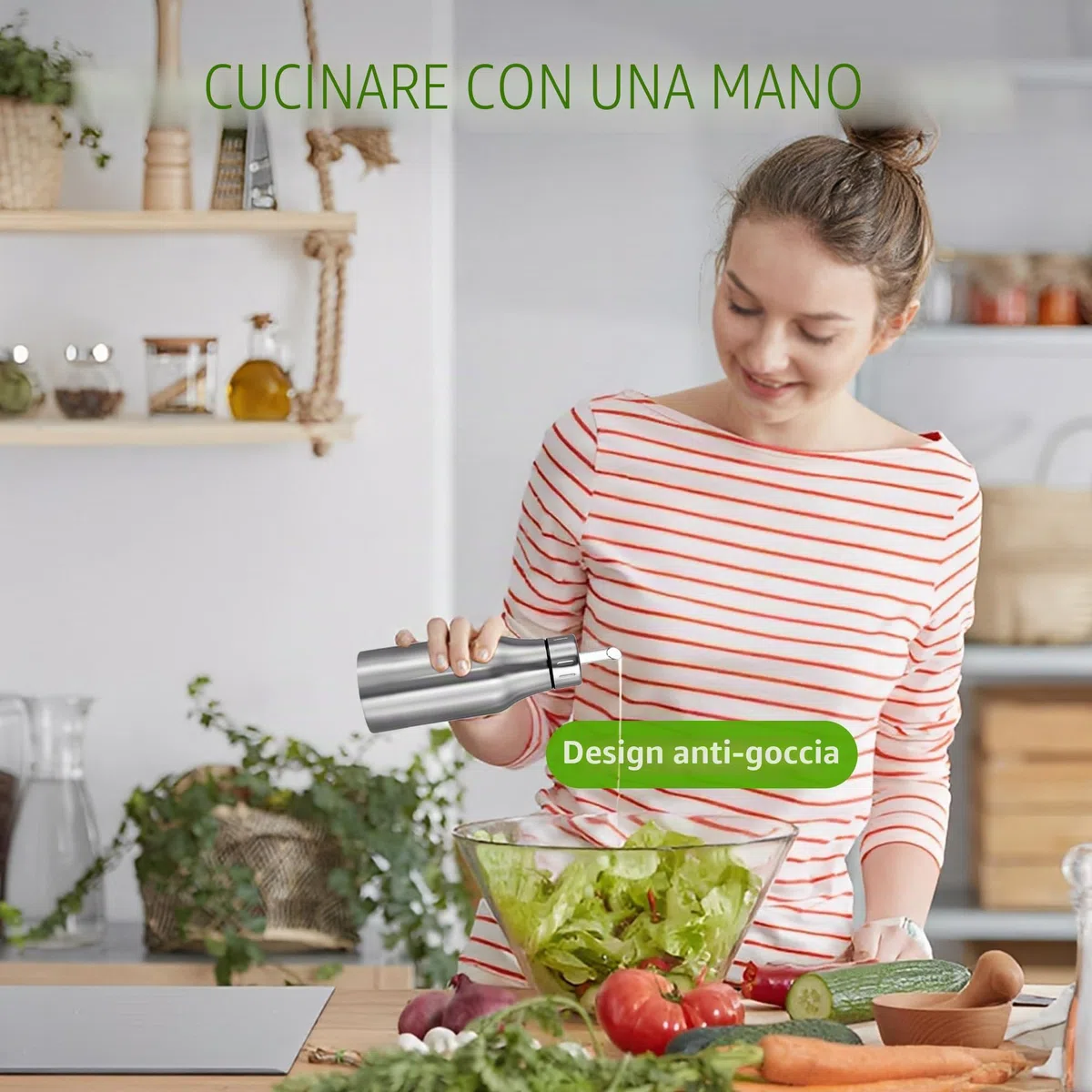 Dispenser di olio bottiglia in acciaio inox con beccuccio senza gocciolamento per cucina e barbecue, 500 ml