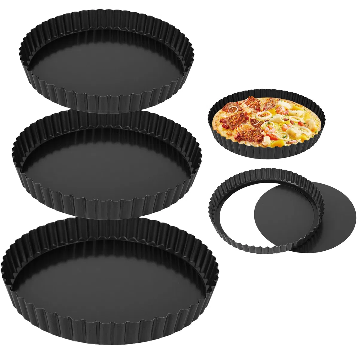 Set di 3 teglie rotonde per quiche, flan da forno con base sciolta, teglie scanalate con fondo rimovibile, teglia antiaderente per torte quiche, flan, tortiera, quiche, acciaio al carbonio
