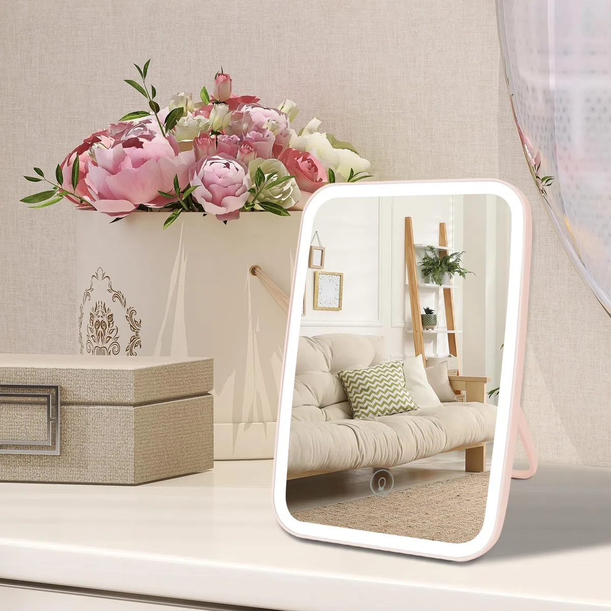 OWill Specchio Trucco con Luci, Specchio Portatile con Sensore Touch Dimmerabile a 3 Velocità, Specchio Led Ricaricabile per Bagno, Camera da Letto, Viaggi