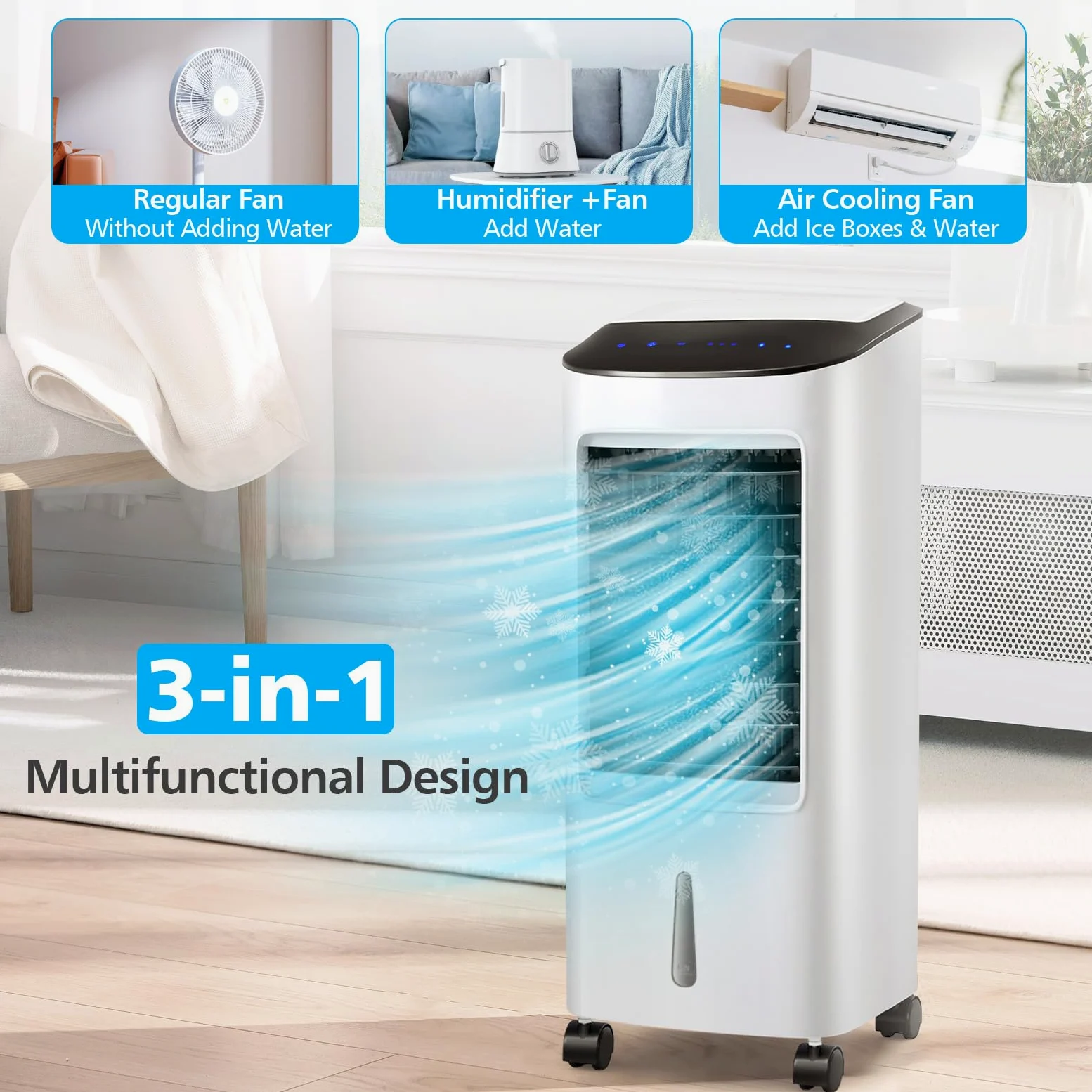 SOARS Raffreddatore d’Aria 65W, 3 in 1 Air Cooler, Umidificatore, Ventilatore, Ventilatore Condizionatore Portatile con Telecomando, 3 Velocità, Timer 7,5H, Serbatoio dell'Acqua da 7L