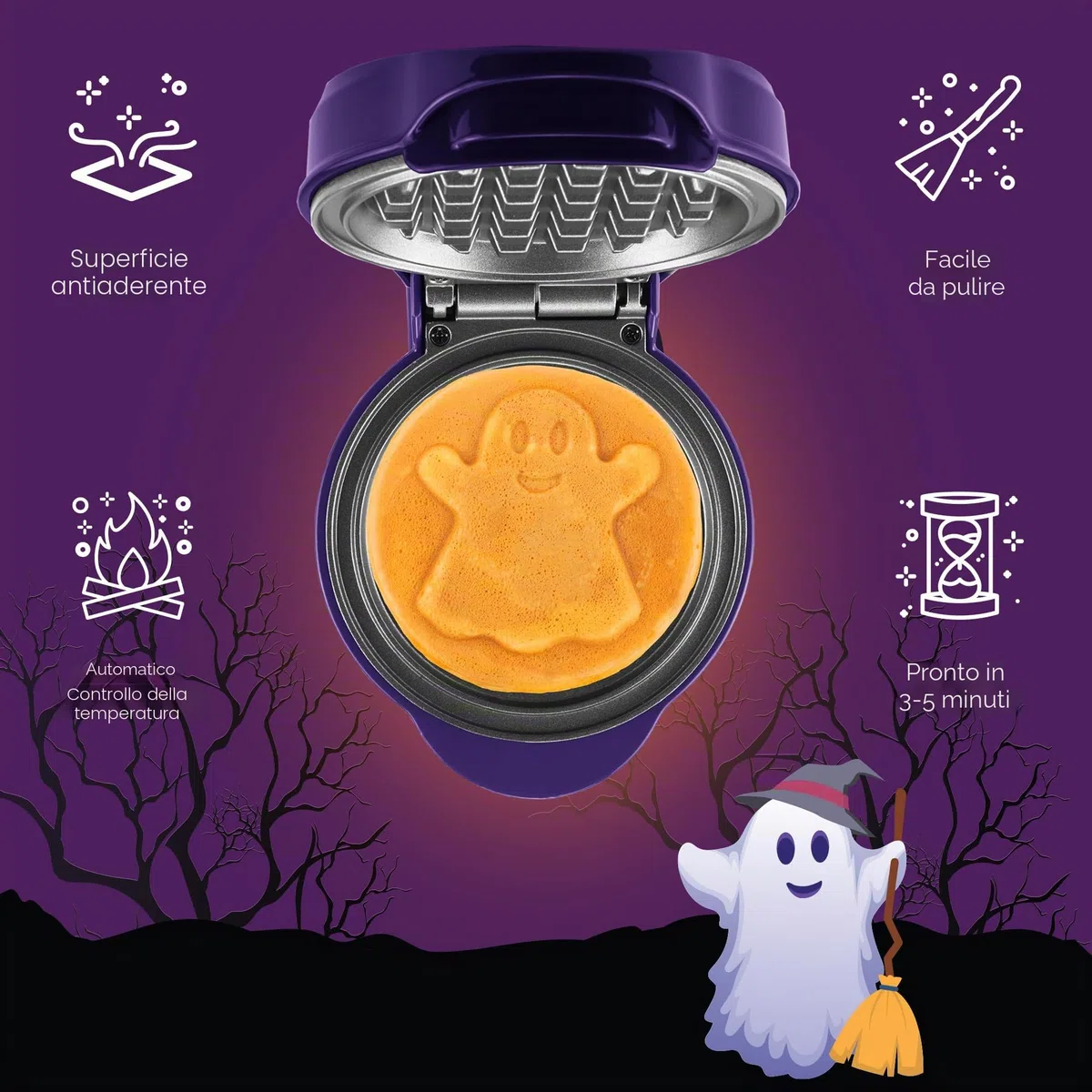 Bestron Mini piastra per waffle con piastra speciale "fantasma", dimensioni cialde Ø 10 cm, dimensioni ideali per bambini, per compleanni o come regalo, fioriera e rivestimento antiaderente, colore