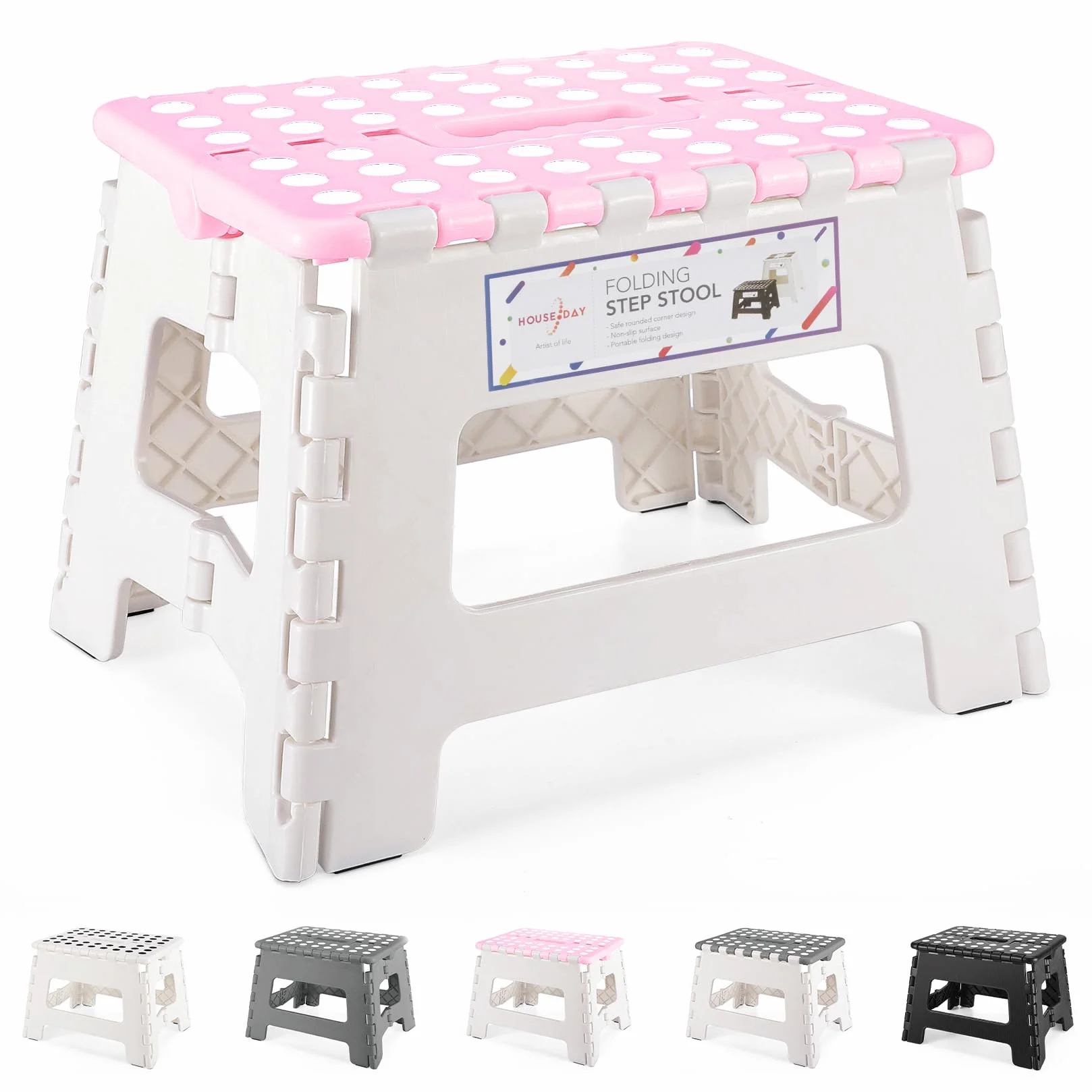 HOUSE DAY Sgabello Pieghevole in Plastica - Leggero per Bambini e Adulti, 23 cm, Antiscivolo, Resistente (Rosa e Grigio)