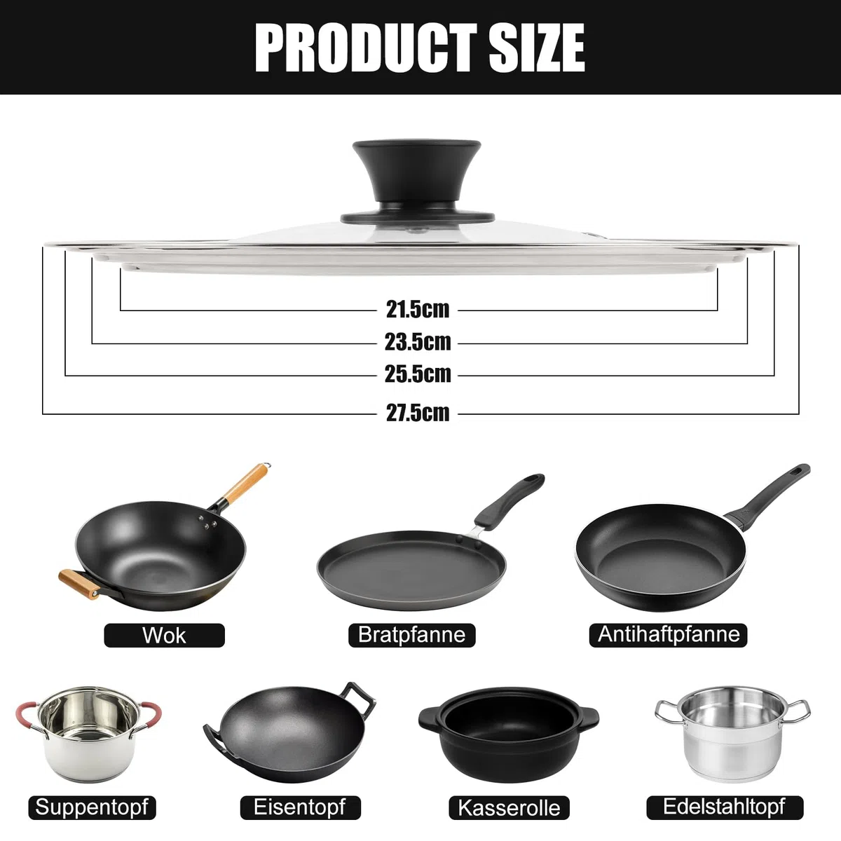 Coperchio universale per padelle, 22/24/26 cm, bordo in acciaio inox | Coperchio universale per padelle con manico