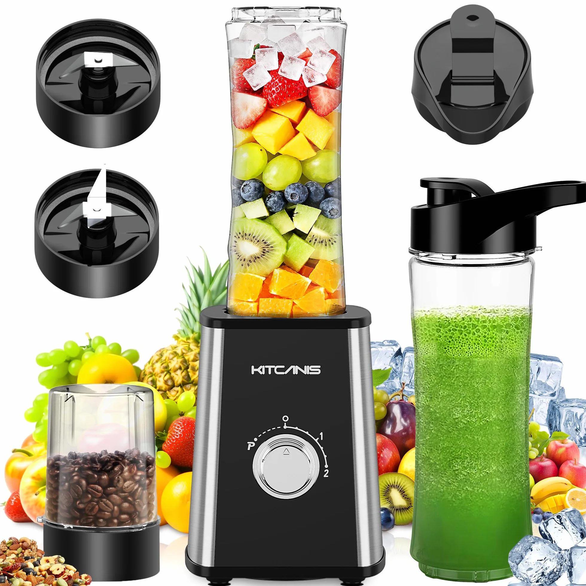 KITCANIS Mini frullatore 3 in 1, frullatore elettrico 800W, 3 velocità regolabili, 2 bottiglie portatili da 600 ml e tazza da 300 ml per gelato, frutta, verdura, noci