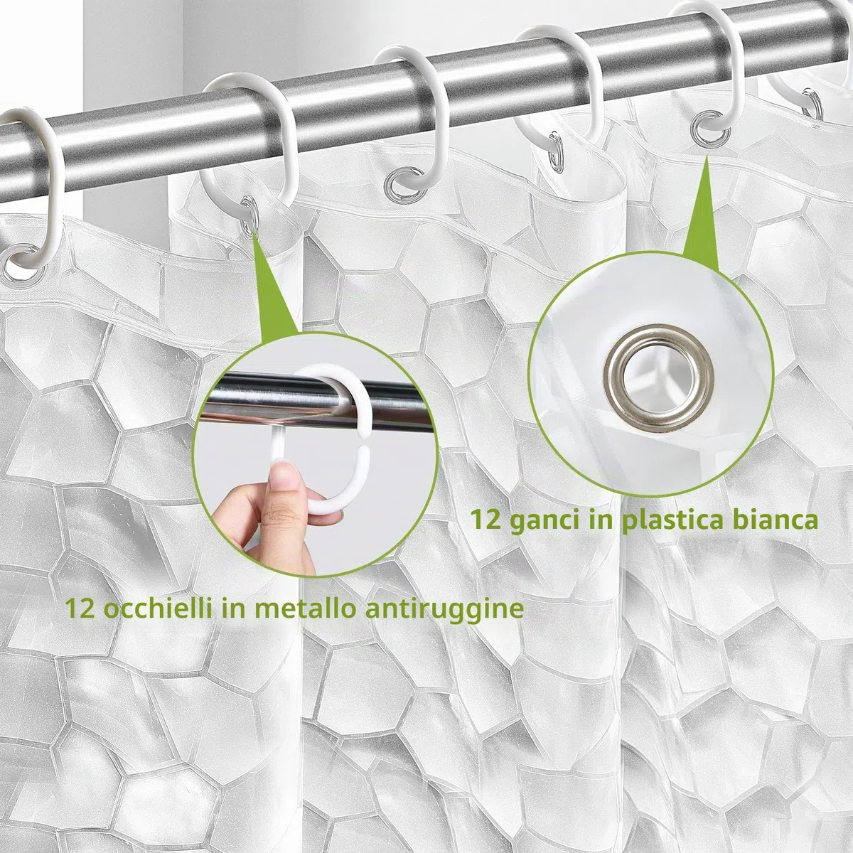 OTraki Tenda da doccia trasparente, 182,9 x 198,1 cm, tenda da doccia lunga con cubi 3D, impermeabile, con 12 occhielli e ganci