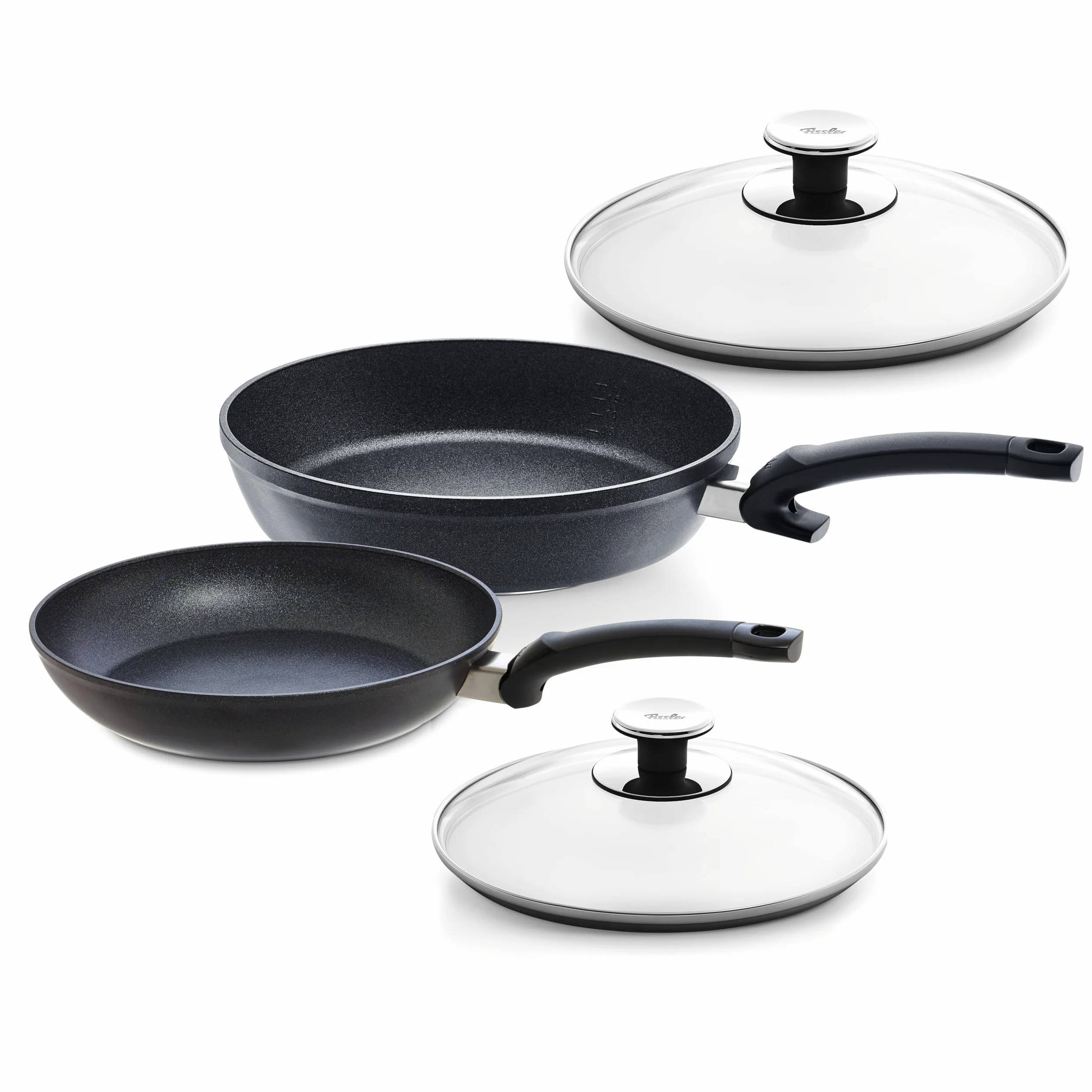 Fissler Adamant Comfort - Set di padelle, 4 pezzi, 2 padelle da 24 e 28 cm, con coperchi in vetro, padelle in alluminio rivestito, antiaderente, antigraffio, compatibile induzione