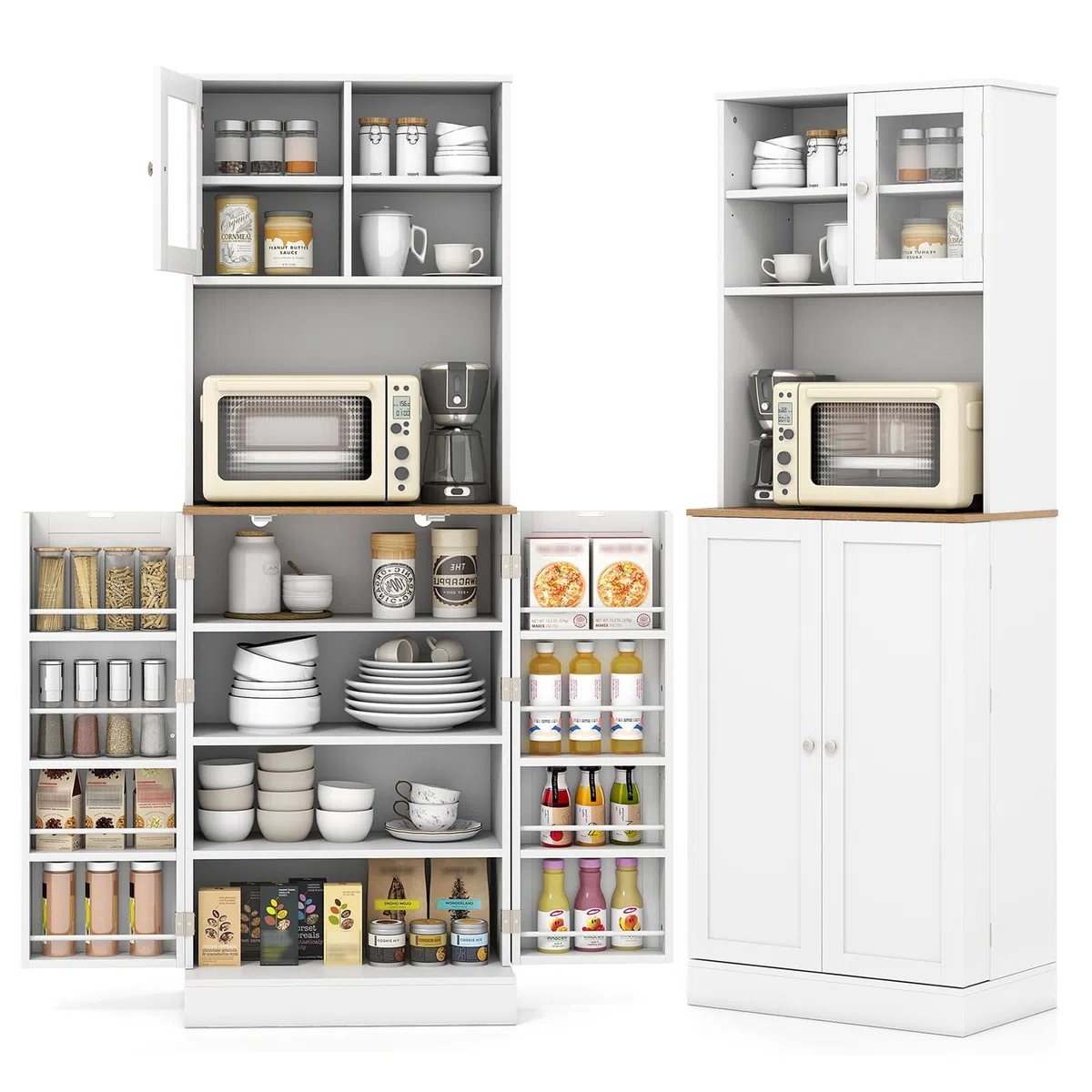 KOMFOTTEU Credenza Alta da Cucina 170 cm con Ripiani Regolabili, Fori per Cavi, Porta in Vetro Temperato, Mobile Buffet per Soggiorno, Sala da Pranzo, 60 x 35 x 170 cm, Bianco