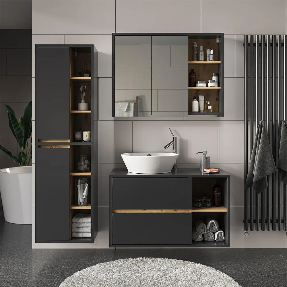 Vicco Mobile sottolavabo per bagno Viola, Antracite, 100 x 60 cm, con intaglio per sifone e ripiani aperti per montaggio a parete