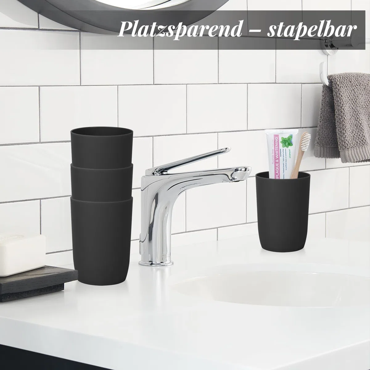 Set di 4 bicchieri per spazzolini da denti, impilabili, 280 ml, per bagno e viaggi, colore: nero AstraLoom