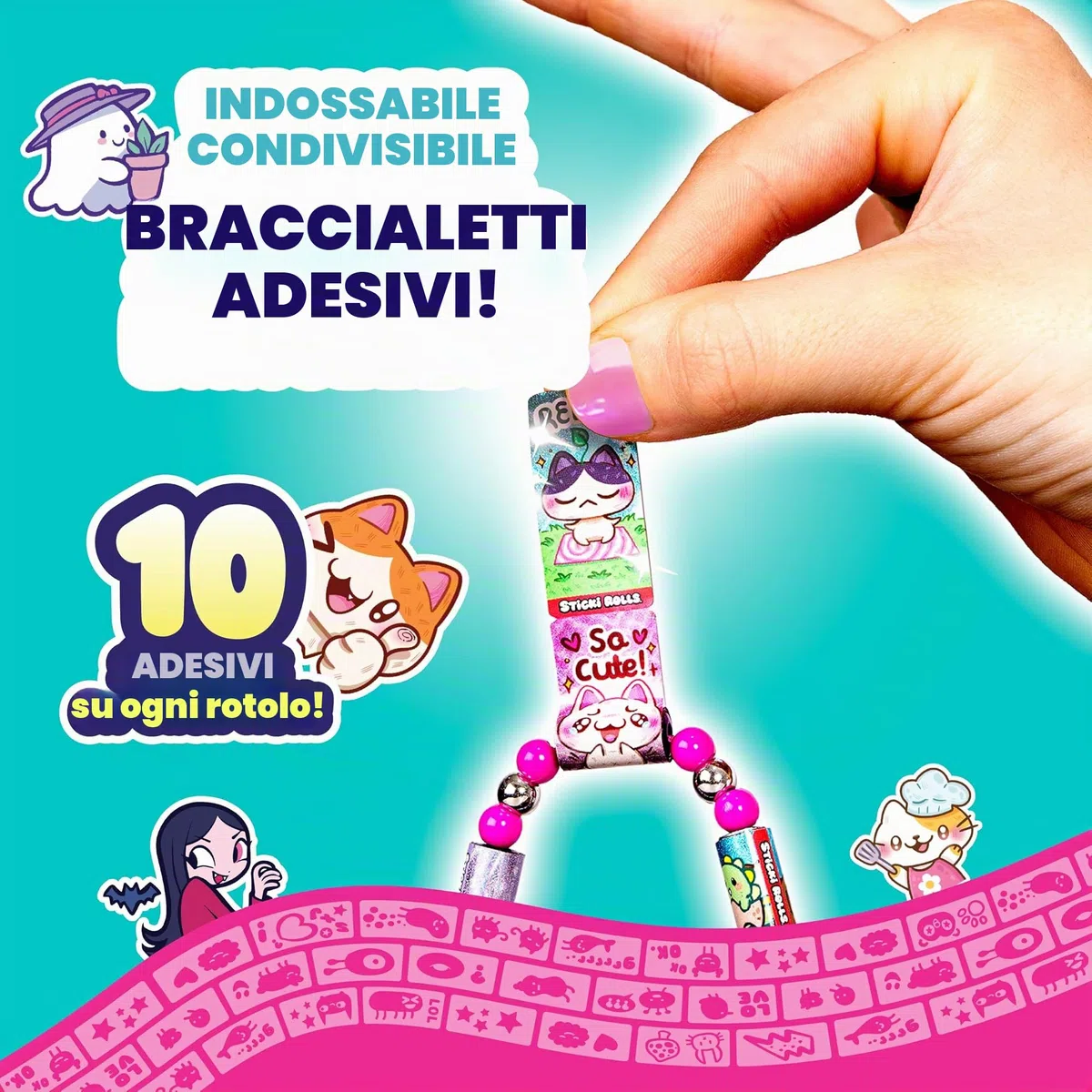 Sky Castle Sticki Rolls Sticki Book Series 2, Braccialetto da Indossare e Condividere, con 120 Mini Adesivi, Braccialetto e Libretto, Colori e Stili Diversi