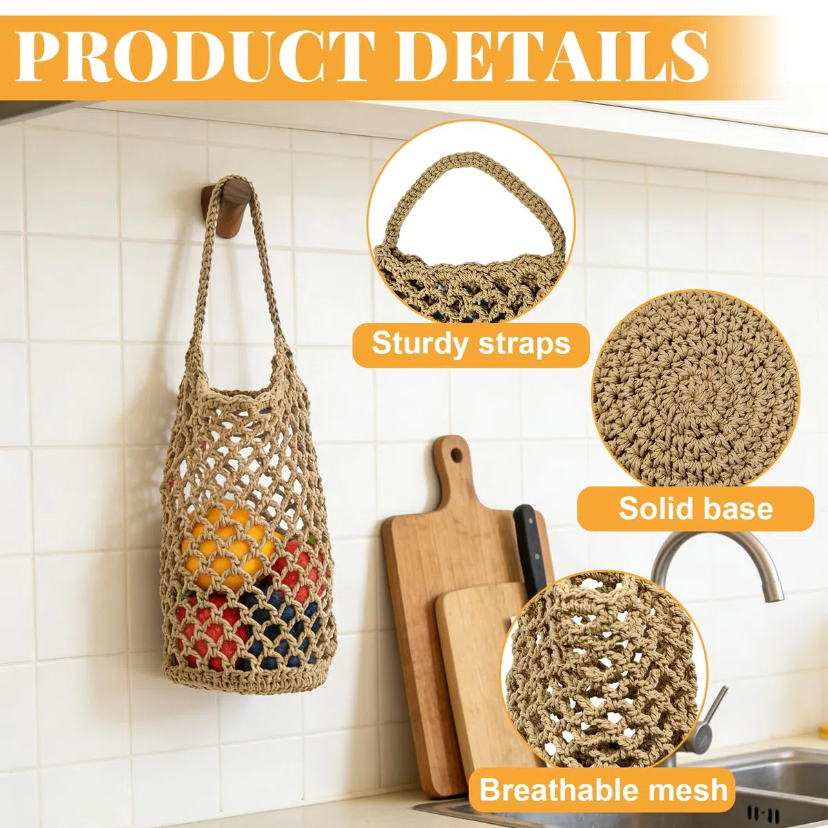 Porta Frutta, Cestino da Appendere Cestini Portaoggetti, 2 Pezzi Intrecciati a Mano Rete Canapa 32x16cm per Uova Frutta Verdura Cucina, Sospensione a Parete o a Soffitto