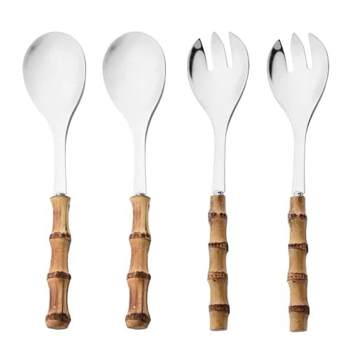 Set di posate – 4 pezzi cucchiaio da insalata con manico lungo forchetta forchetta cucchiaio da portata con manici in legno di bambù e stoviglie in acciaio inox