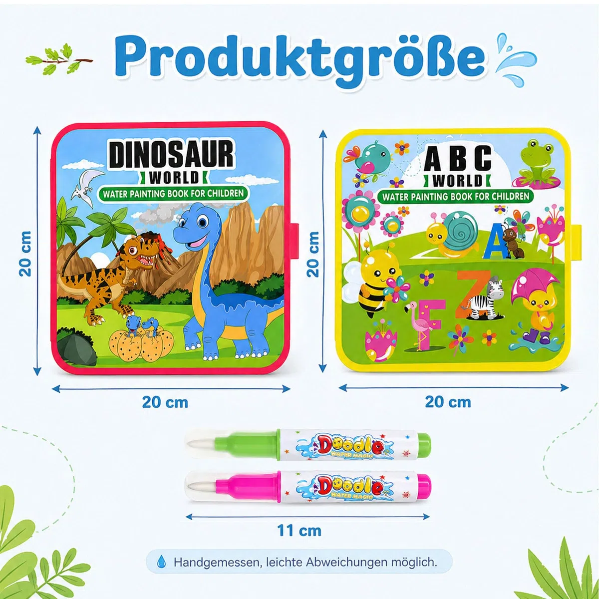 LEMONSTONE 2 libri da colorare ad acqua a partire da 1 2 3 anni, libro da colorare riutilizzabile con 2 penne ad acqua, libro magico per bambini e ragazze, 20 x 20 cm