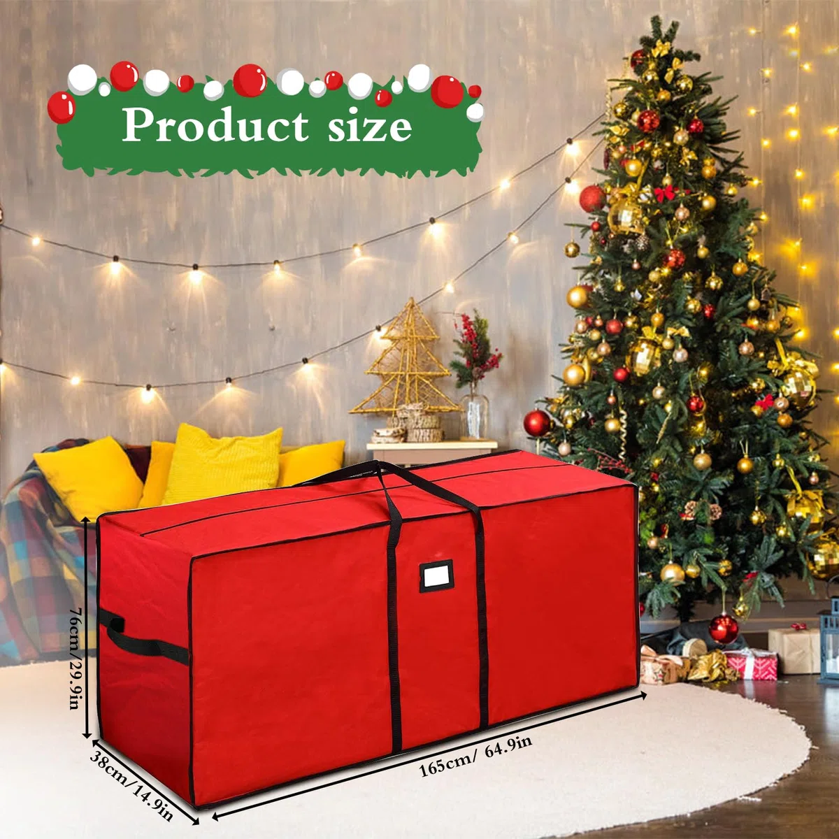 Borsa per Cuscini da Giardino, Custodia per Albero di Natale, Tessuto Oxford 600D Borsa Portaoggetti Natalizia con Manico e Cerniera,Impermeabile,Borsa per Albero di Natale,165x38x76cm, Rosso