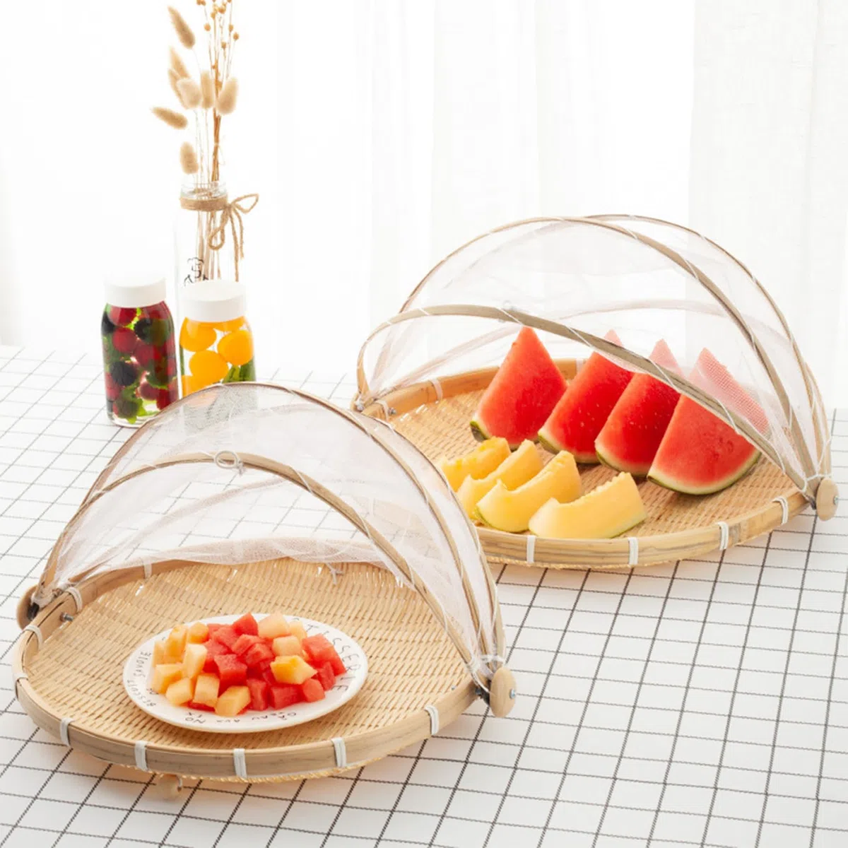 NIDONE Cesto di Frutta con Coperchio, cestini di Frutta in Rete di bambù, Copertura per Tenda per Alimenti Copertura antimosche per Verdure per conservare Il Pane, 30 cm