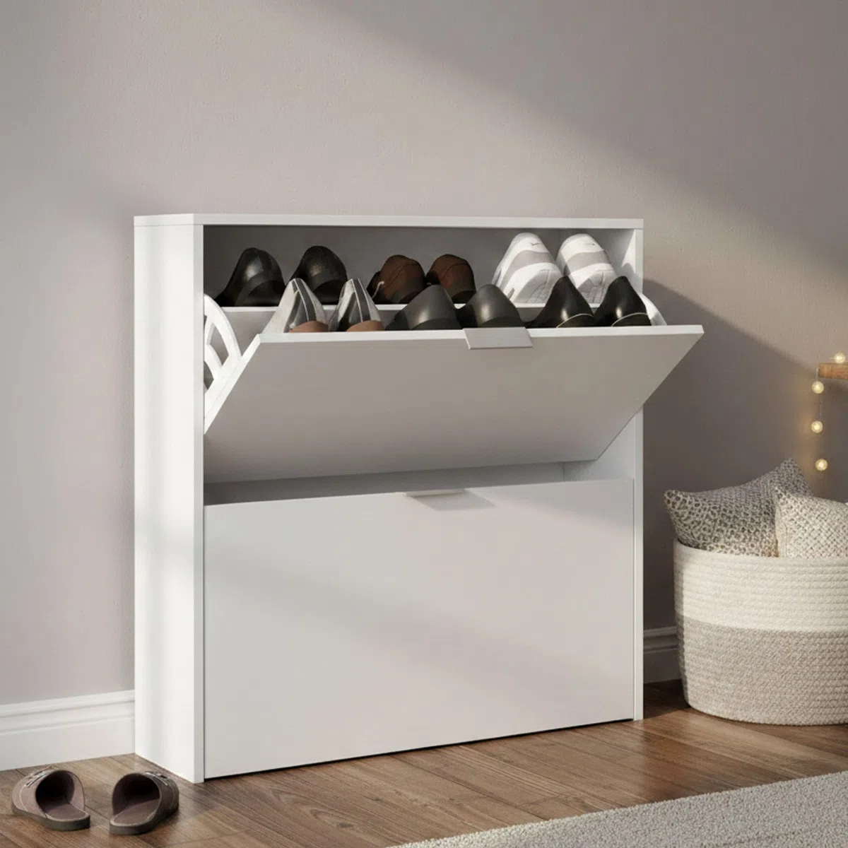 Dmora Scarpiera Louisville 22x75x76h cm Bianco 16 Paia 2 Ante, Mobile Portascarpe 4 Vani