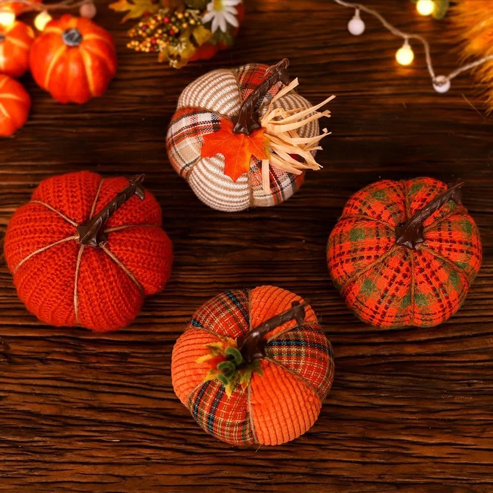 Zucche autunnali a quadri, decorazione da tavolo in tessuto di zucca artificiale, zucca rustica per decorazioni autunnali per la casa e le vacanze a tema autunnale (arancioneB)