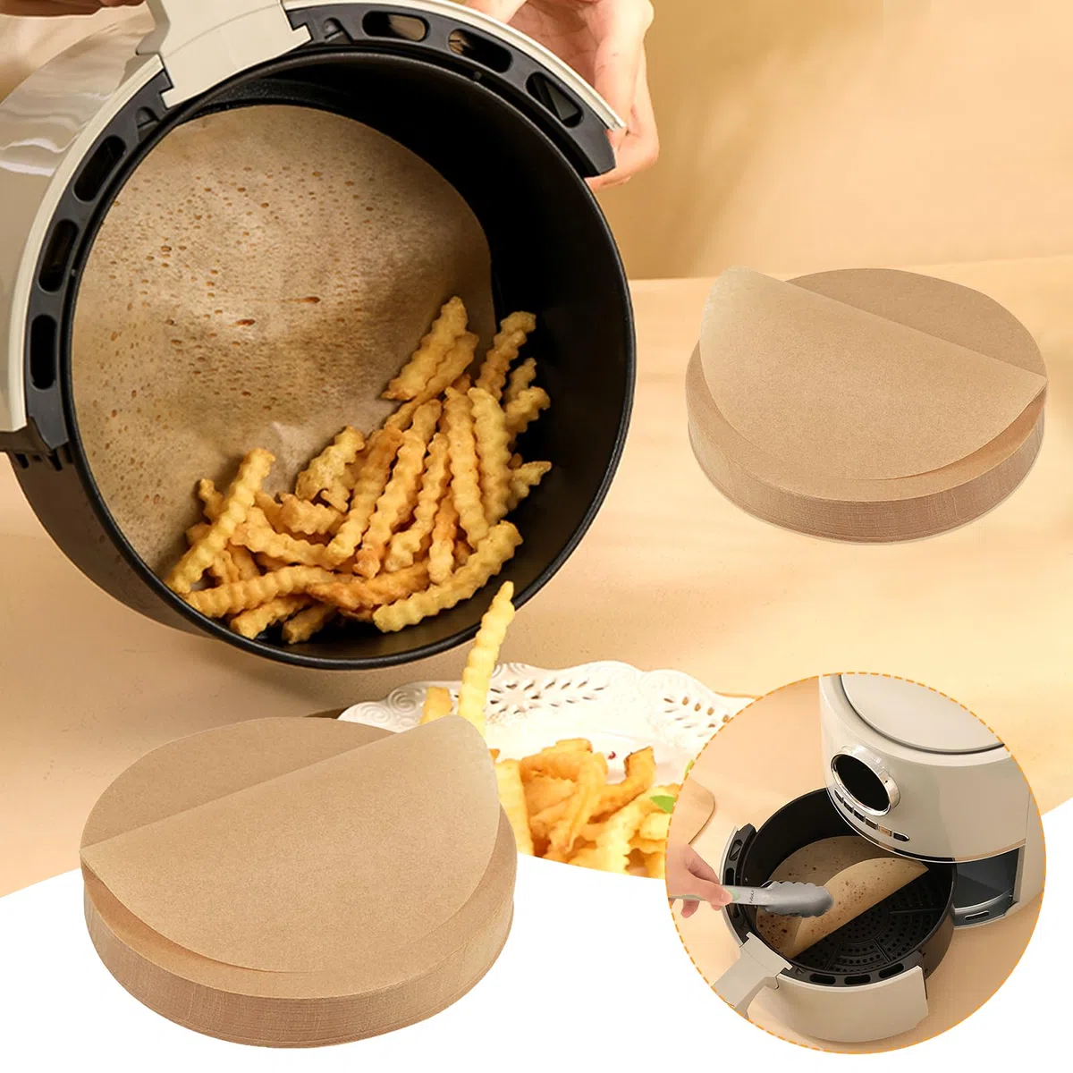 150 pezzi Carta Da Forno Per Friggitrice Ad Aria, 30cm Fodere Per Friggitrice Ad Aria, Fodera di Carta Forno Tonda Per Cottura Biscotti, Barbecue, Pane, Carne, Pizza, Friggitrice, Tostapane Forno