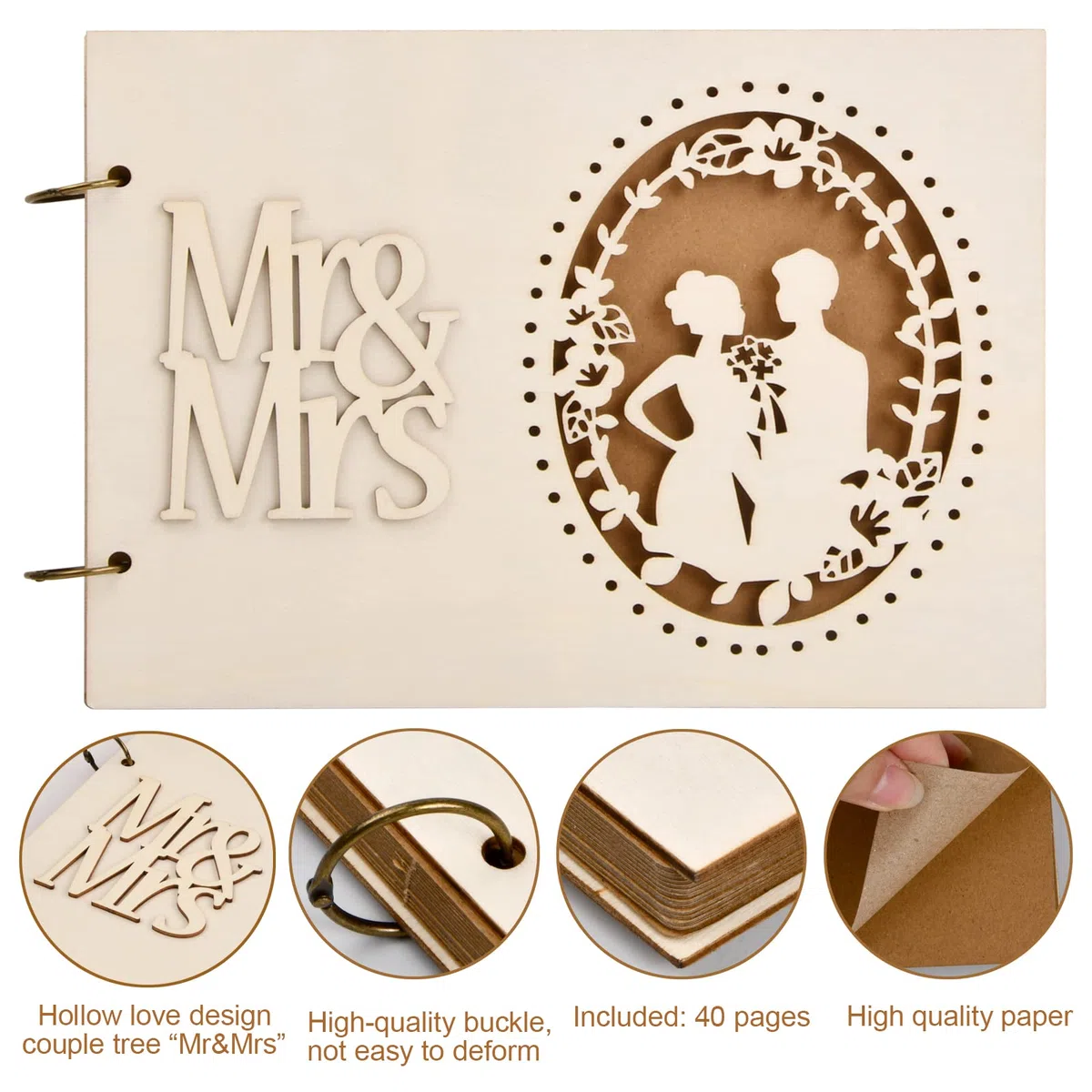 Mr & Mrs Libro degli Ospiti Libro degli Ospiti di Nozze in Legno con 40 Pagine Artigianato Innovativo Album per Anniversario Matrimonio Festa di Fidanzamento