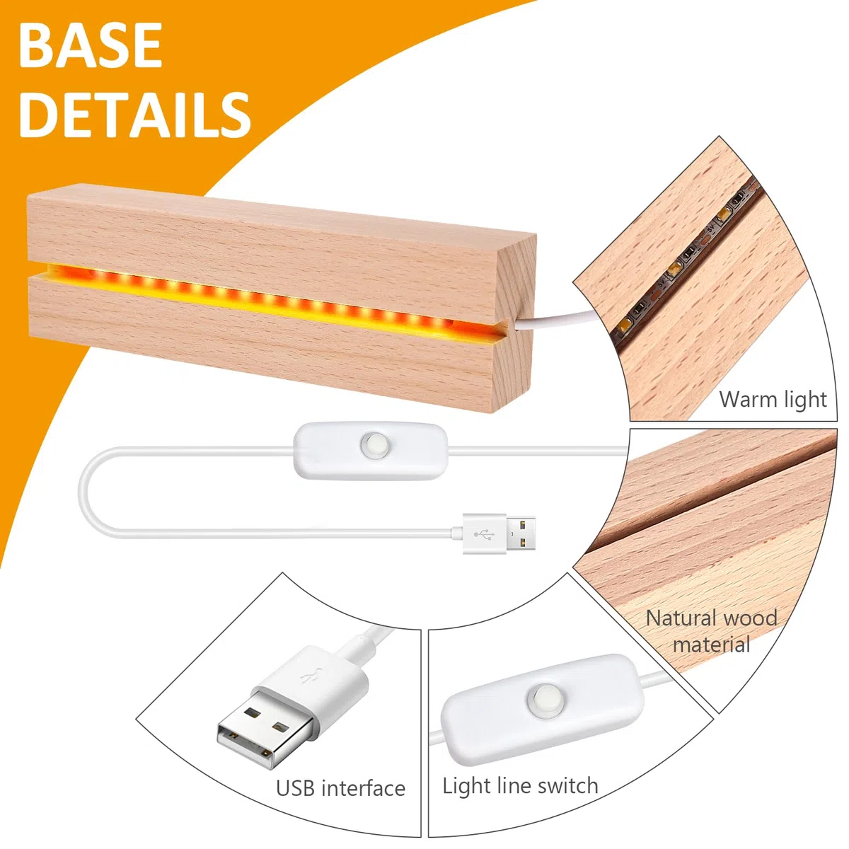 BORDEAG LED Luci Display Base, 4 Pezzi Base Luce Led Legno con USB, Base Rettangolare con Led per Lastra in Acrilico, Lastra in Cristallo, Lunghezza 15 cm, Bianco Caldo