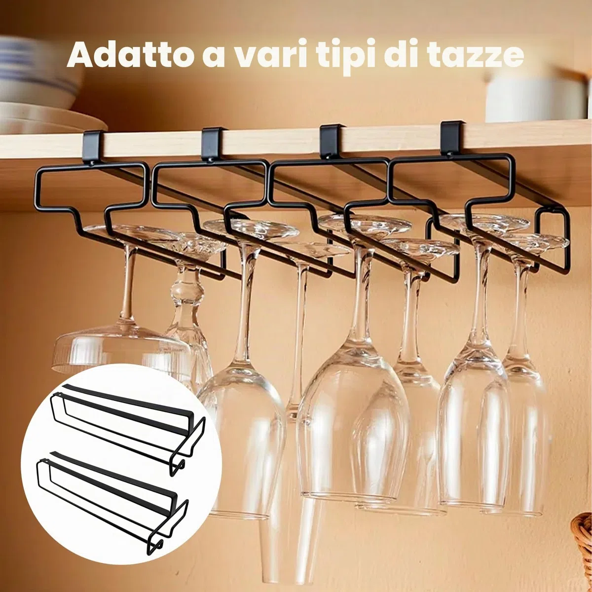 2 Pezzi Supporti per Bicchieri da Vino Sospesi, in Metallo, Portabicchieri da Vino Sotto l'Armadio, Supporto Stemware Portabicchieri per Cucina, Bar, Ristorante (Nero)