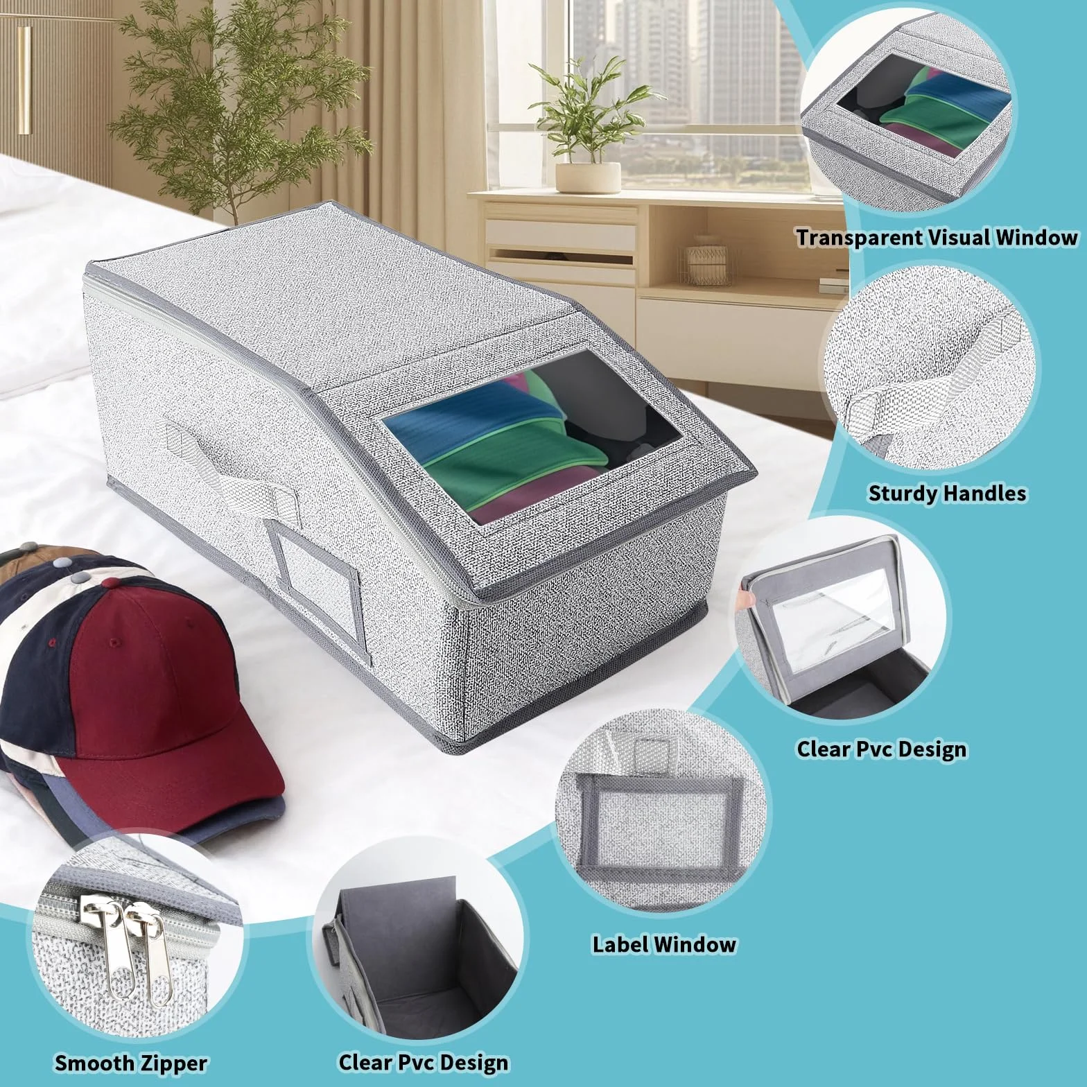 Scatola Porta Cappelli con Finestra Trasparente – Contenitore Pieghevole e Impilabile in Tessuto, Organizzatore Armadio Anti-Polvere, Scatola Salvaspazio per Cappelli, Vestiti e Accessori