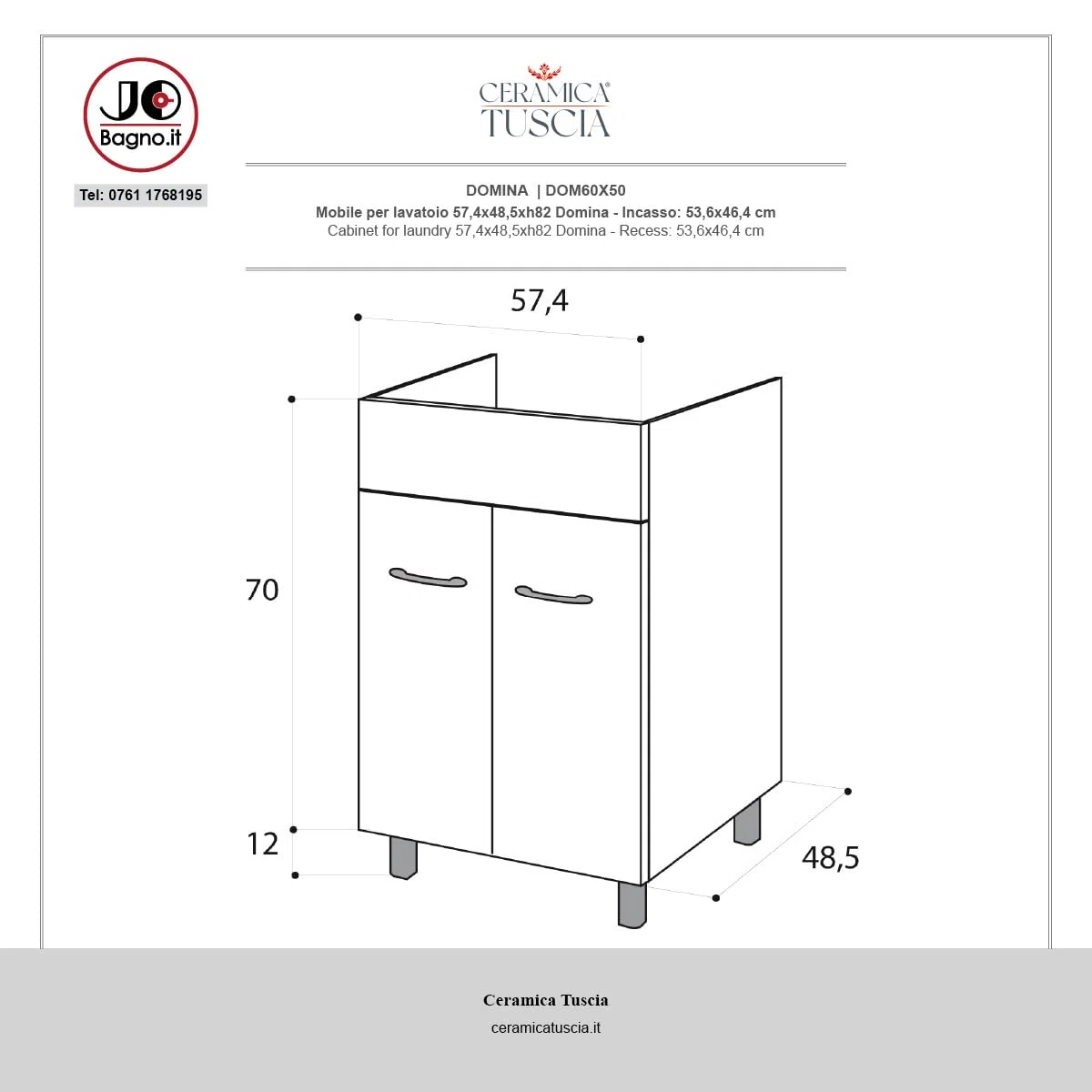 Ceramcia Tuscia Mobile LAVATOIO Ceramica 60 x 51 x H 88 YORK Design Bianco Antigraffio con Vasca Profonda 25,5 cm (NO Foro Rubinetto)