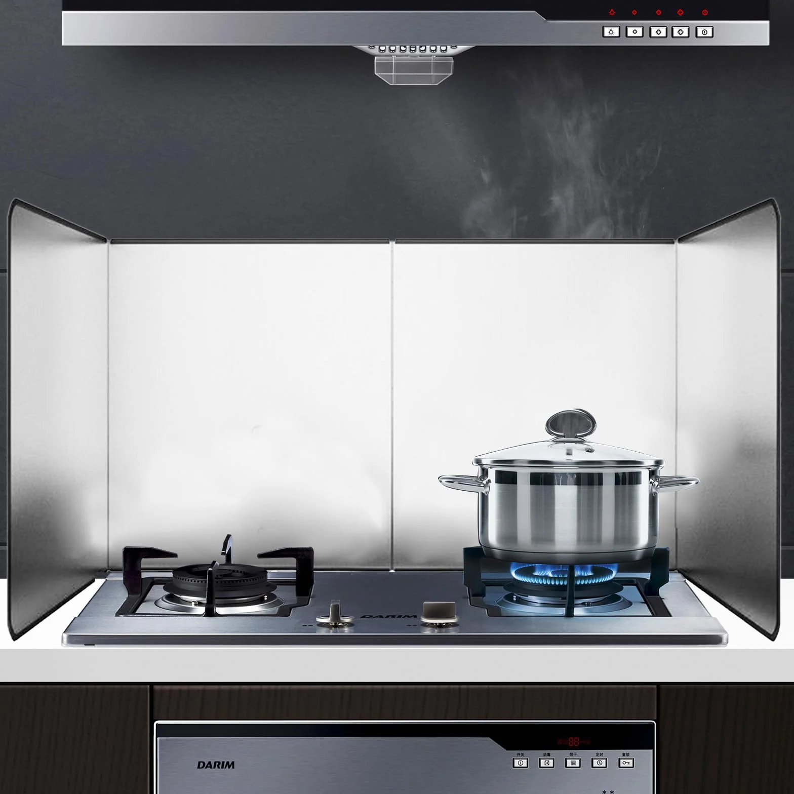 Aisny Piastra Antispruzzi da Cucina, Schermo Antispruzzi da Cucina in Acciaio Inox, 80x40x30cm Piastra Antispruzzi da Cucina Pieghevole Deflettore per Fumo D'Olio, Protezione Antispruzzi per Fornello