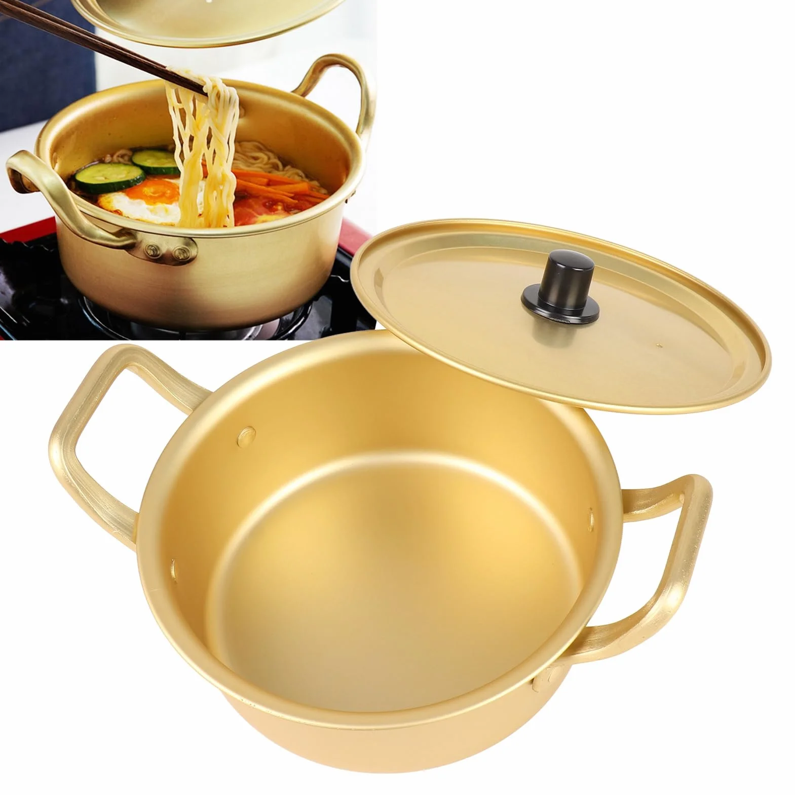 Pentola per ramen coreana, piccola pentola gialla in alluminio per cucinare noodles, pentola per pasta e ramen, pentola da coreana con manici per zuppa, noodles, pasta, casa e (16 cm)