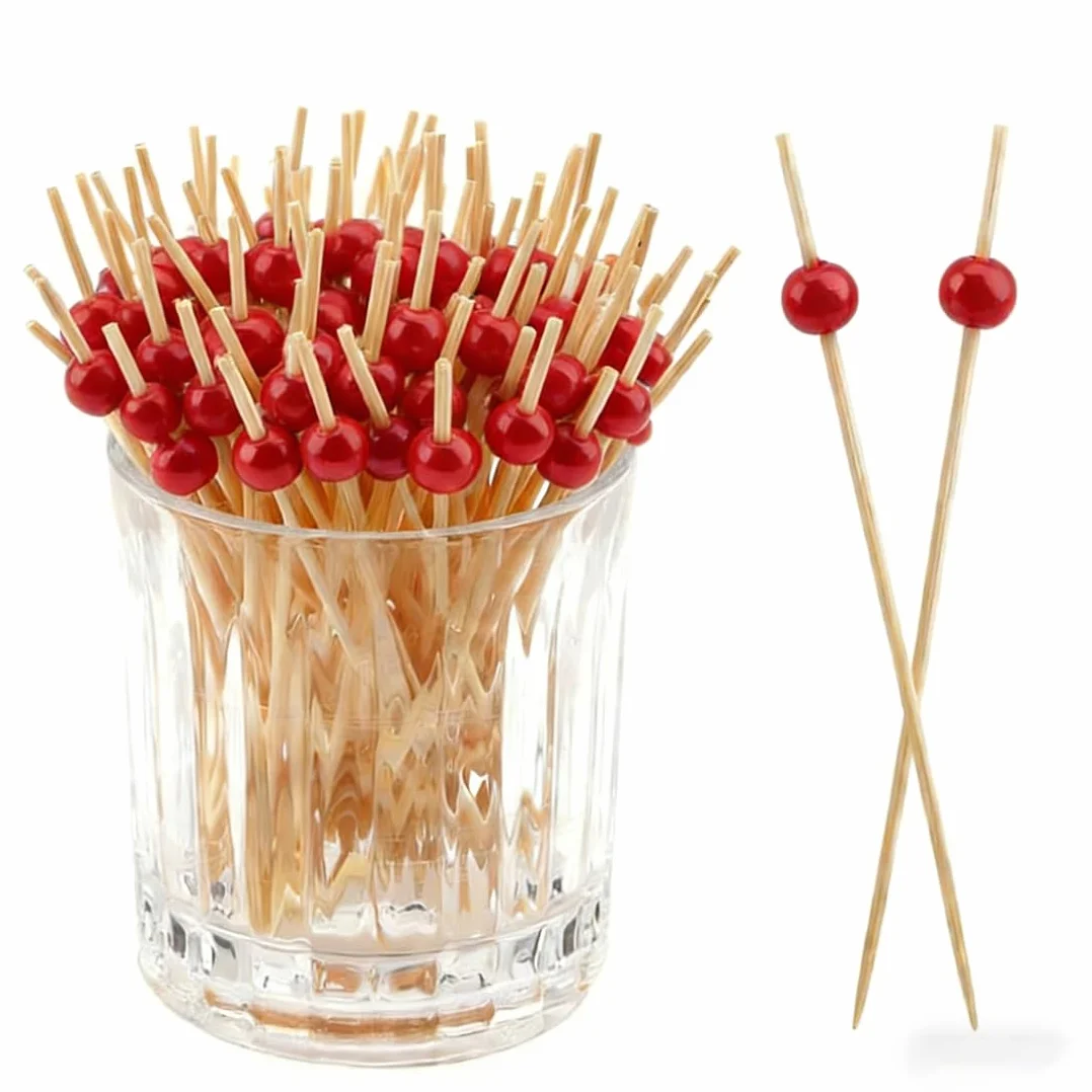 12cm stuzzicadenti cocktail, 100 pezzi, bastoncini da cocktail legno, con perline rosse, stecchini per aperitivo,stuzzicadenti decorativi,per bar,feste di carnevale,feste decorativi