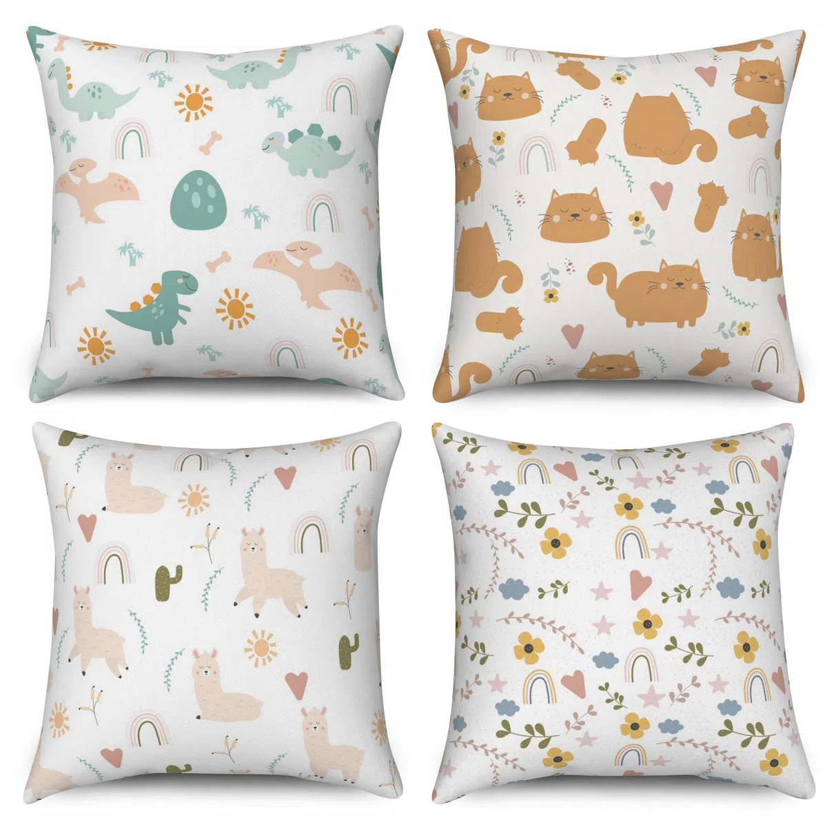 Set di 4 federe per cuscino per bambini, 40 x 40 cm, simpatici animali, dinosauro, gatto, alpaca, fiore, cuscino decorativo, lavabile, in poliestere, lino, per esterni
