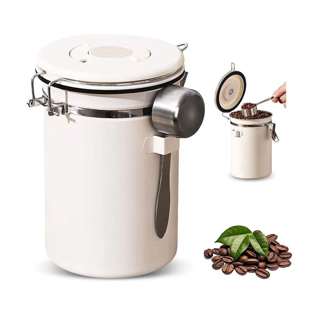 Barattolo Caffe Ermetico 11.8 X 18 CM,Contenitore Caffe in Polvere,Coffee Beans Container,Contenitore Farina con Display Della Data e Cucchiaino,Barattolo per Conserve Zucchero per Noci e Tè