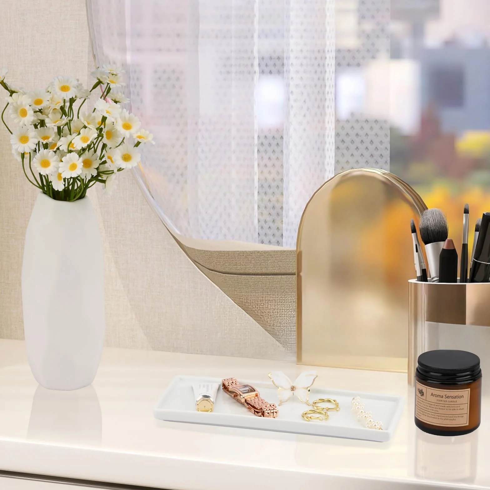Vassoio Bagno Portaoggetti in Ceramica, Organizer per Vassoio Bianco Rettangolare, Decorativo Svuotatasche Moderno per Profumi, Sapone, Candele, Cucina (L)