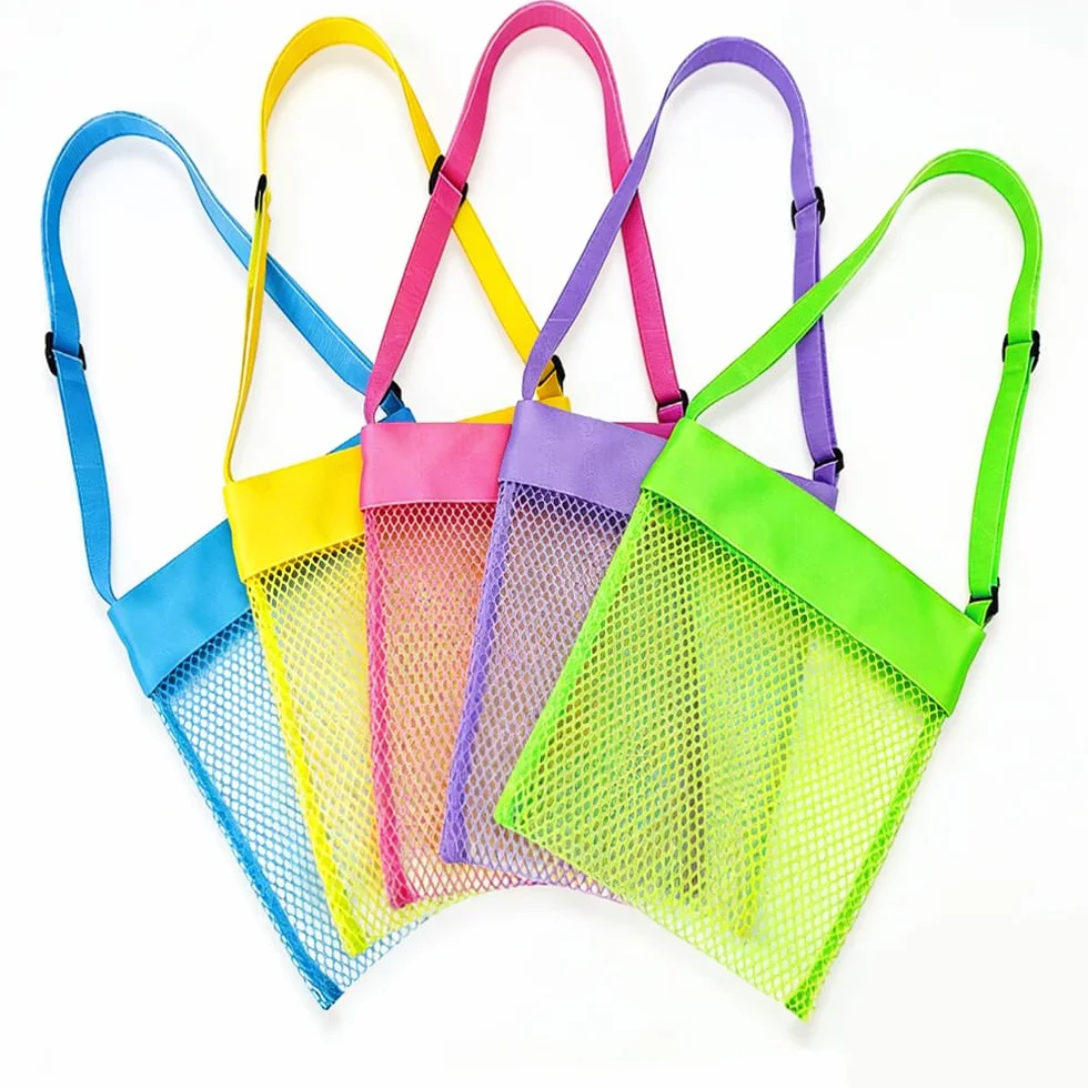 Borsa Giochi Mare, 5 PCS Borsa Giochi Spiaggia Bambini, Borsa a Tracolla Regolabile Rete Porta Giochi Spiaggia, per Riporre Giocattoli e Conchiglie in Spiaggia