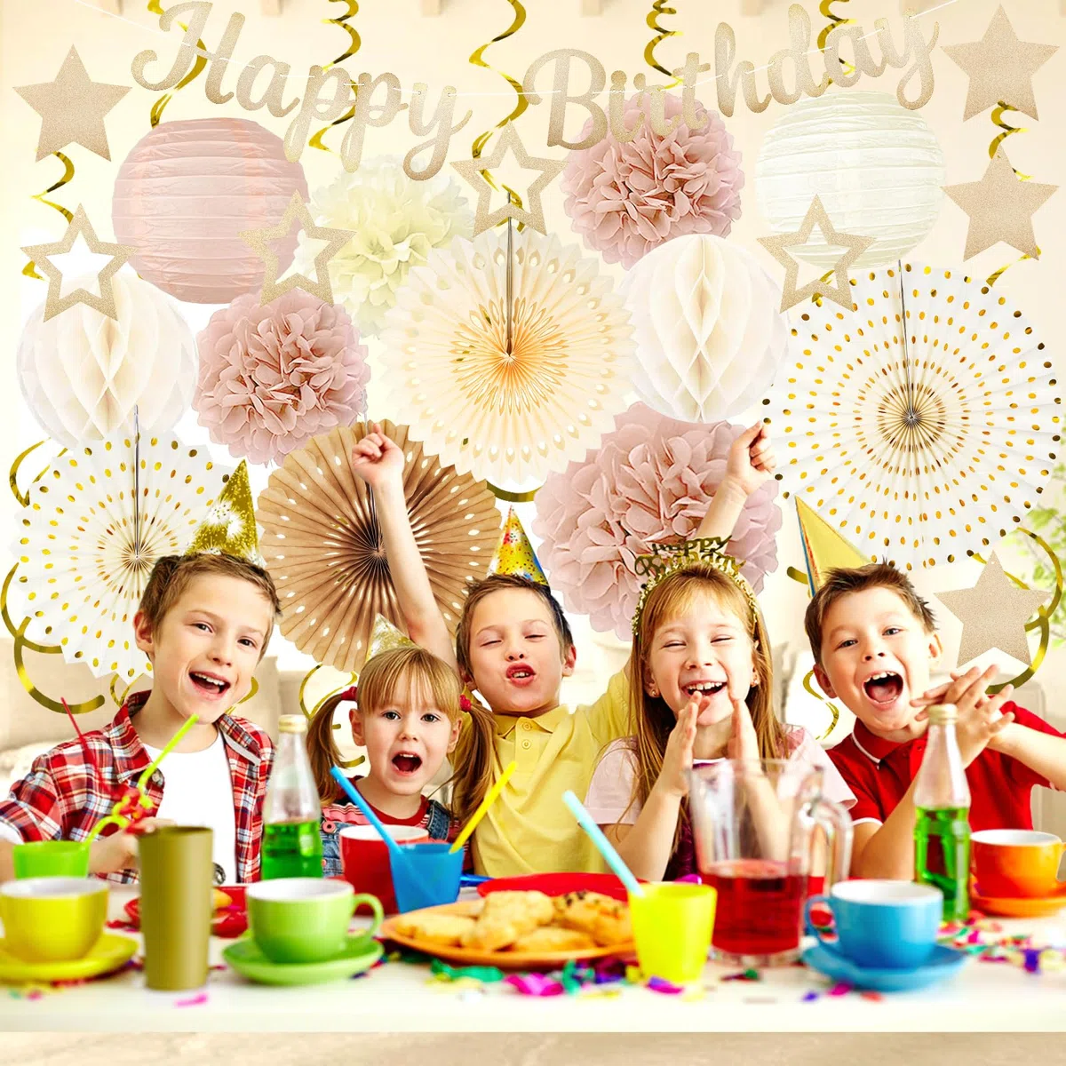 Decorazioni per feste di compleanno in oro champagne – 29 pezzi beige crema retrò decorazioni autunnali per donne e ragazze: striscioni Happy birthday, strisce di carta, pompon – ZERODECO