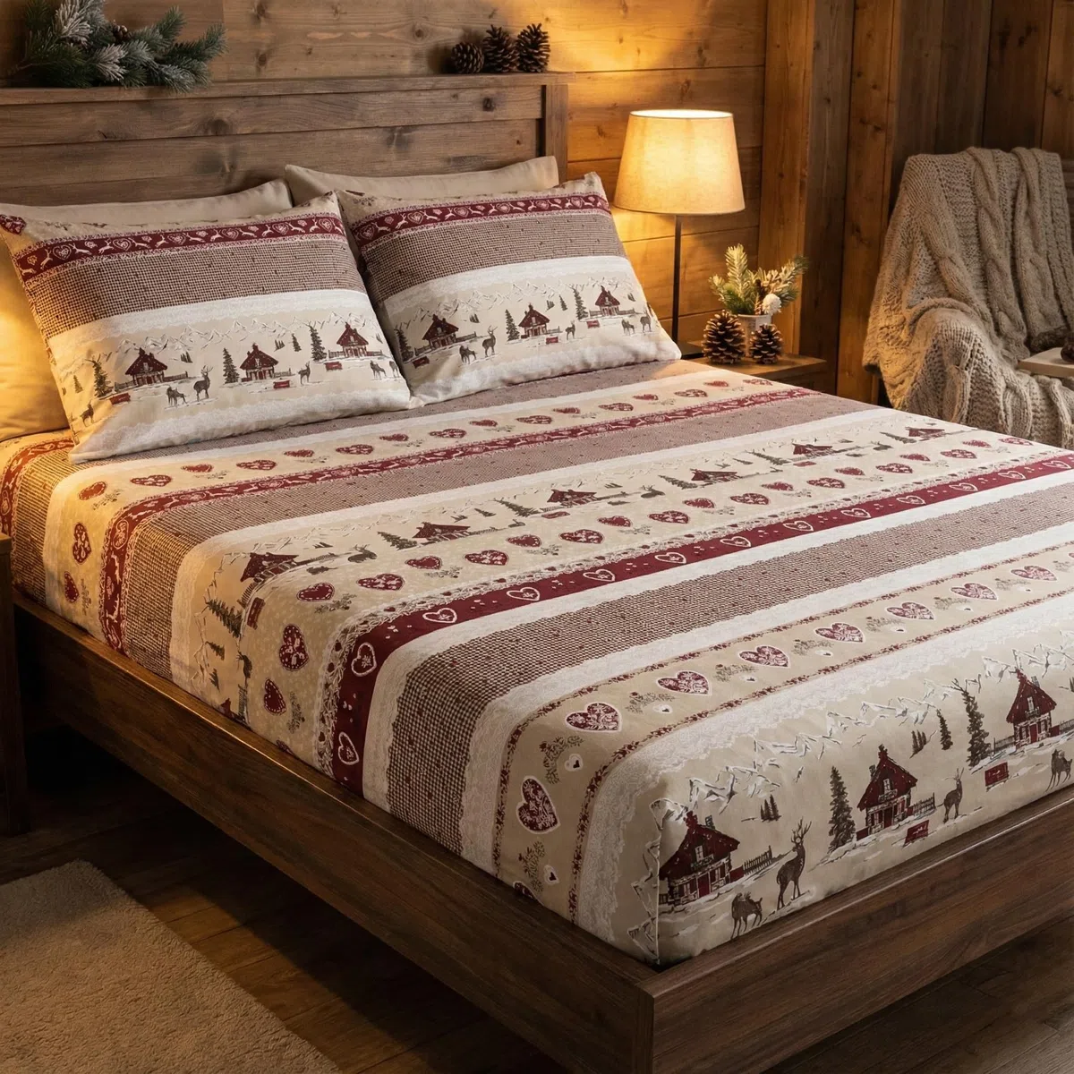 Tex family Completo Lenzuola Tirolese Valbadia - 100% Cotone Made in Italy - Stile Montagna Cervi e Baite - Due Piazze