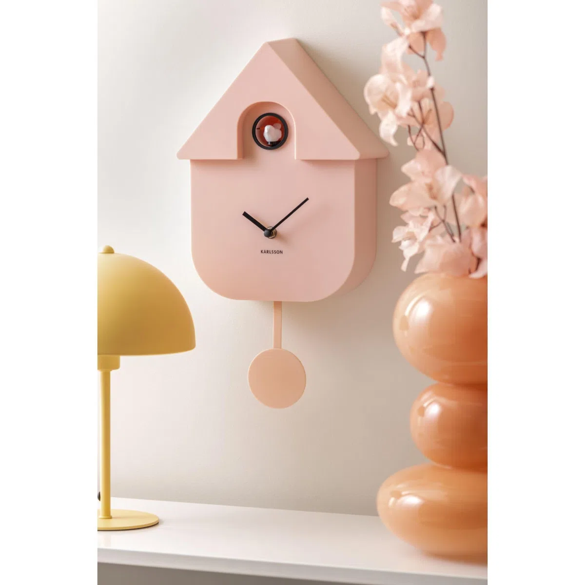 Whale Karlsson KA5768LP - Orologio a cucù da Parete Moderno a Pendolo, Colore: Rosa Tenue