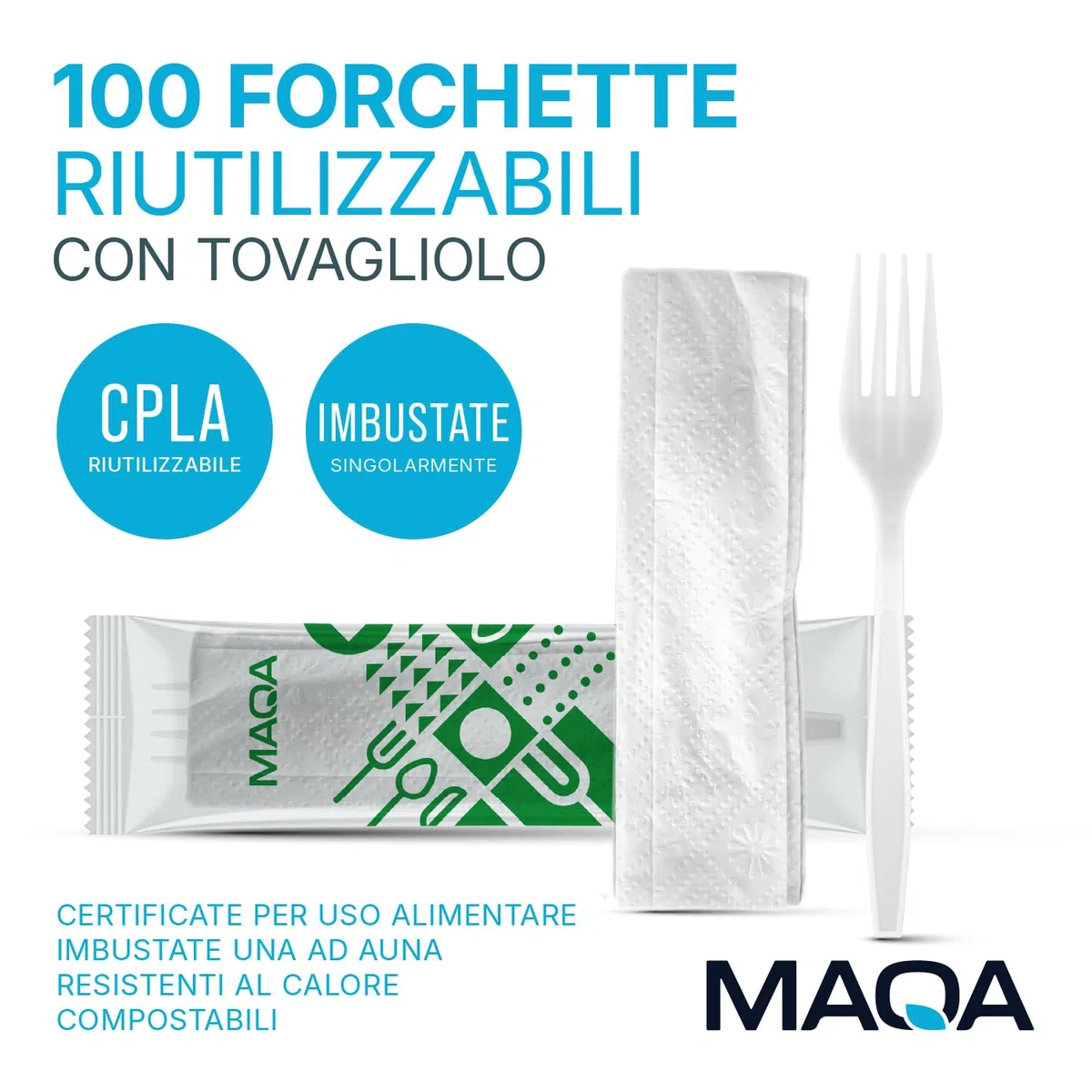 MAQA 100 Kit Forchetta Riutilizzabile in CPLA + Tovagliolo 2 Veli – Compostabili, Imbustati Singolarmente – Certificati per Uso Alimentare – Perfetti per Catering, Eventi, Uffici e Take Away