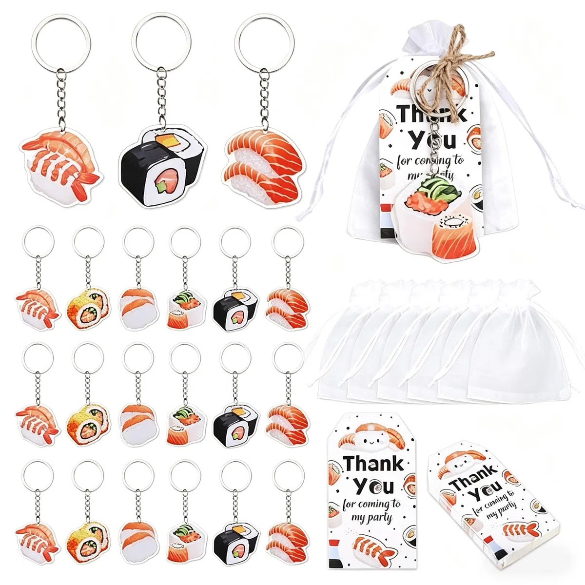 Bomboniere per sushi, set di 24 portachiavi a doppio lato in acrilico con scritta "Thank You for Coming To My Party", sacchetti di organza bianchi per feste a tema alimentare giapponese