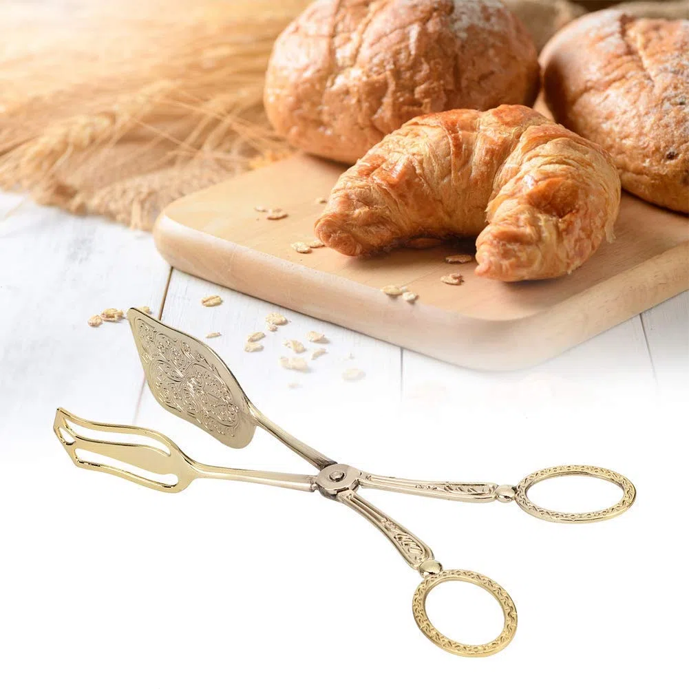 Pinze da portata, 2 pinze per pane, clip per buffet di cibo, posate per insalata, clip per bistecca vintage in lega di zinco per catering (Oro)