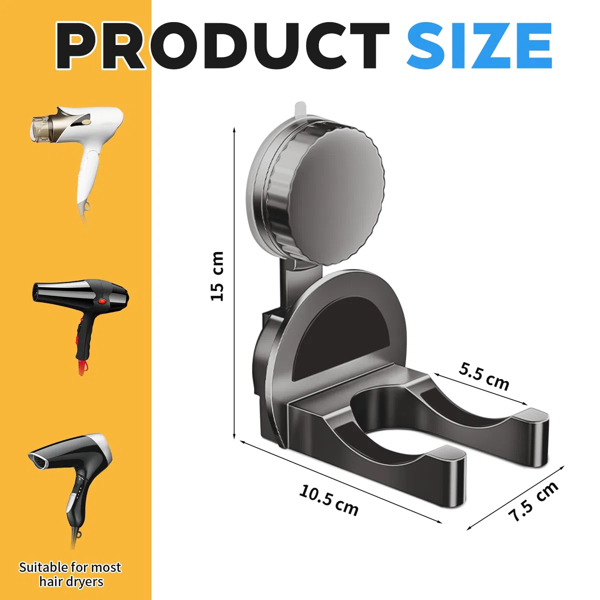 Porta Phone Bagno da Muro con Ventosa, Porta Phon da Parete con Portacavi, Porta Asciugacapelli Senza Forature, Riutilizzabile Porta Phon Adatto Alla Maggior Parte Degli Asciugacapelli(1 Pezzo,Grigio)