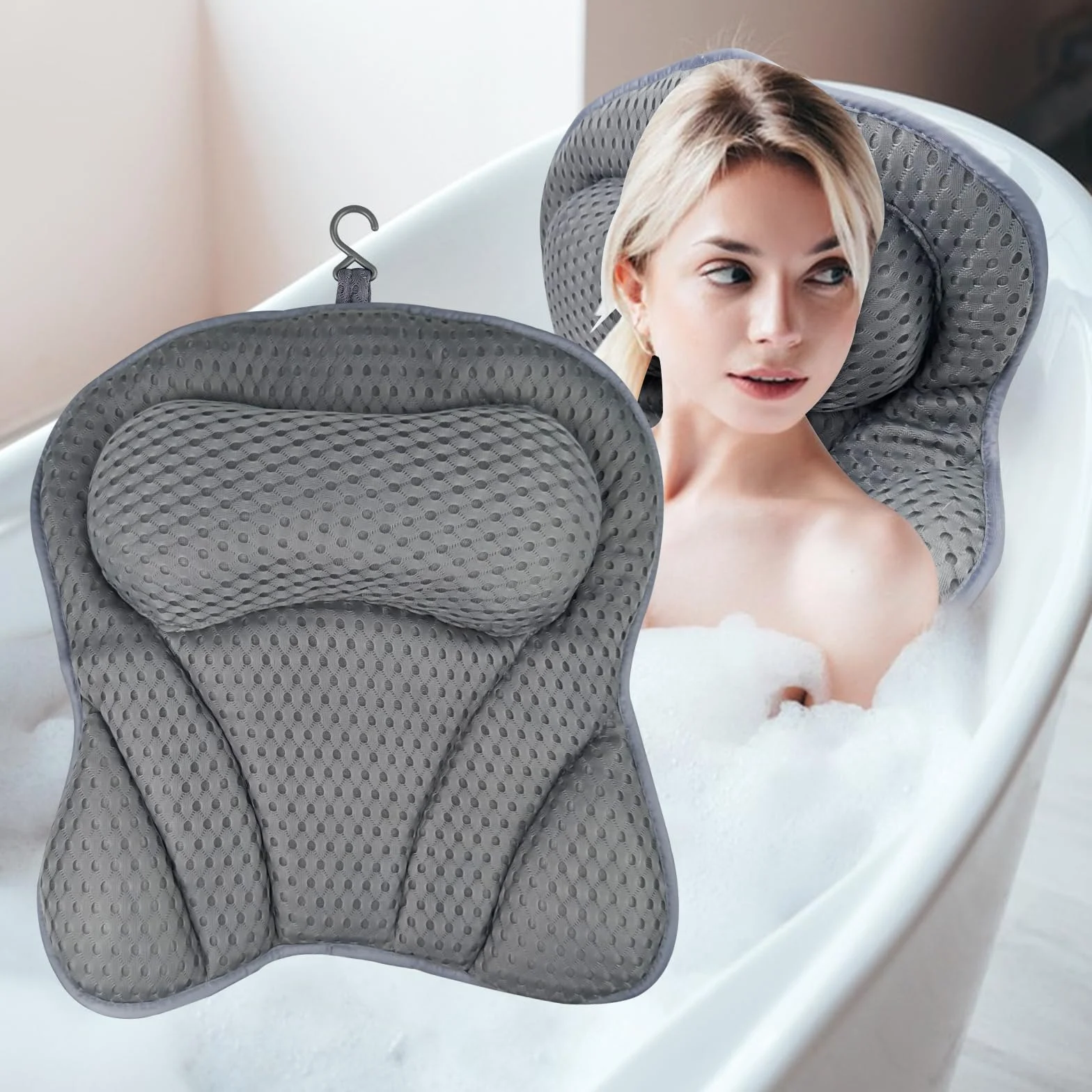 Chiluxendo Cuscino Vasca da Bagno, Spa Tappeto per Vasca da Bagno con Cuscino Antiscivolo Ventose, Imbottitura per Vasca da Bagno, Poggiatesta Cervicale con Tecnologia 4D Air Mesh e 6 Ventose (Grigio)